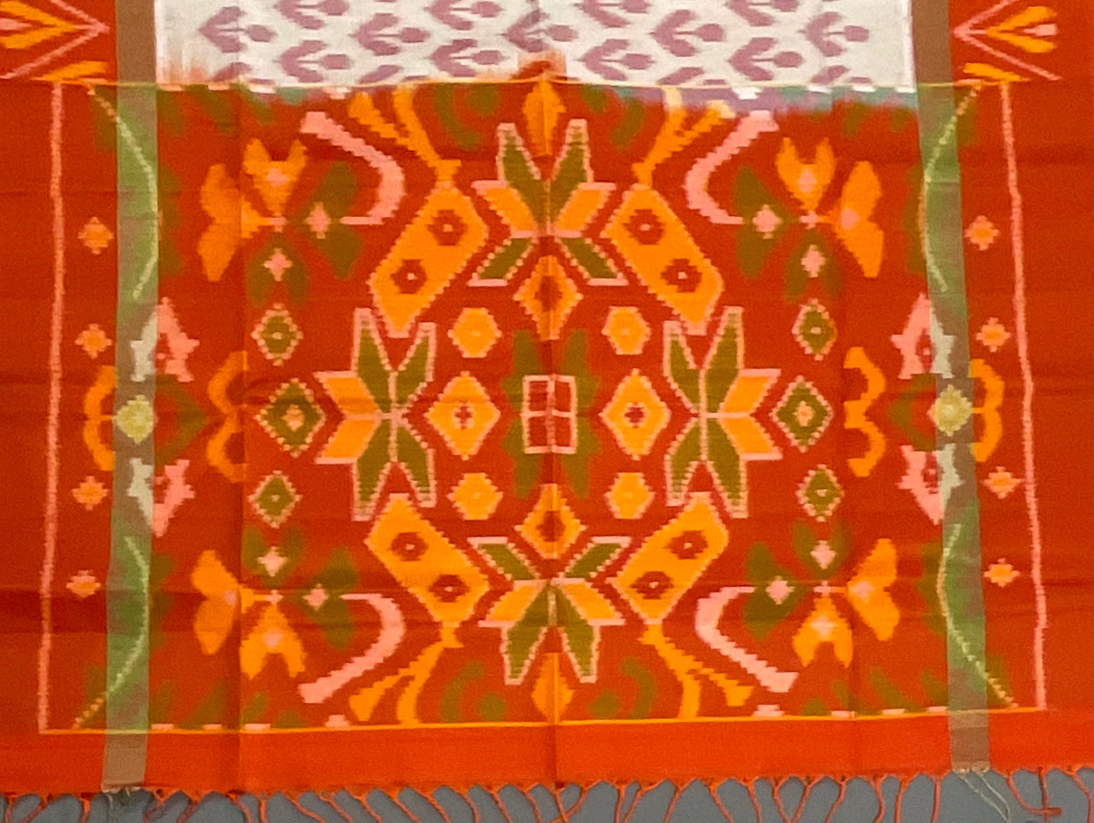 Royal Cream Pochampally Handwoven Ikat Silk Saree with Orange-Red Contrast Pallu & Plain Blouse