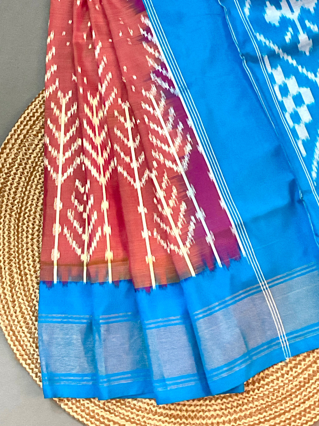 Peach Pink Pochampally Zari Silk Saree with Contrast Sky Blue Pallu & Plain Blouse