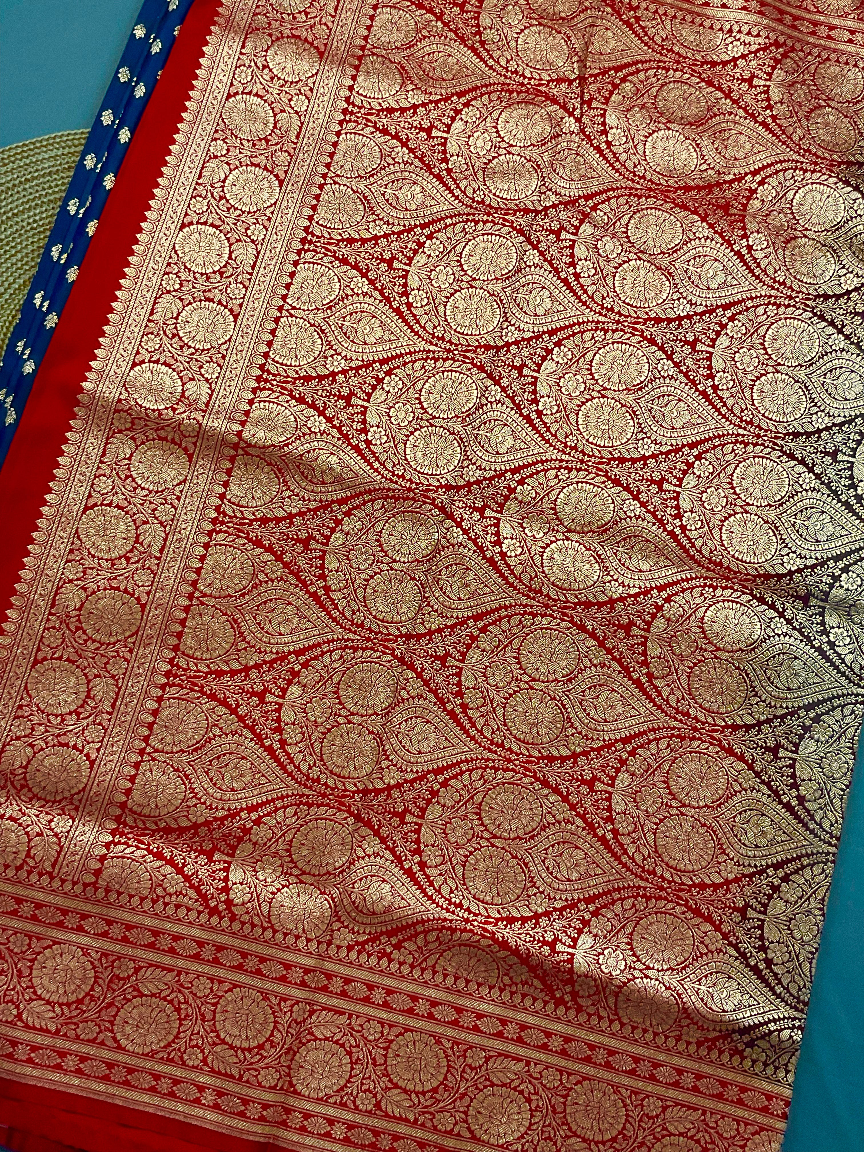 Handloom Banarasi Silk Saree in Blue with Silver Zari Border & Contrast Gold Zari Pallu