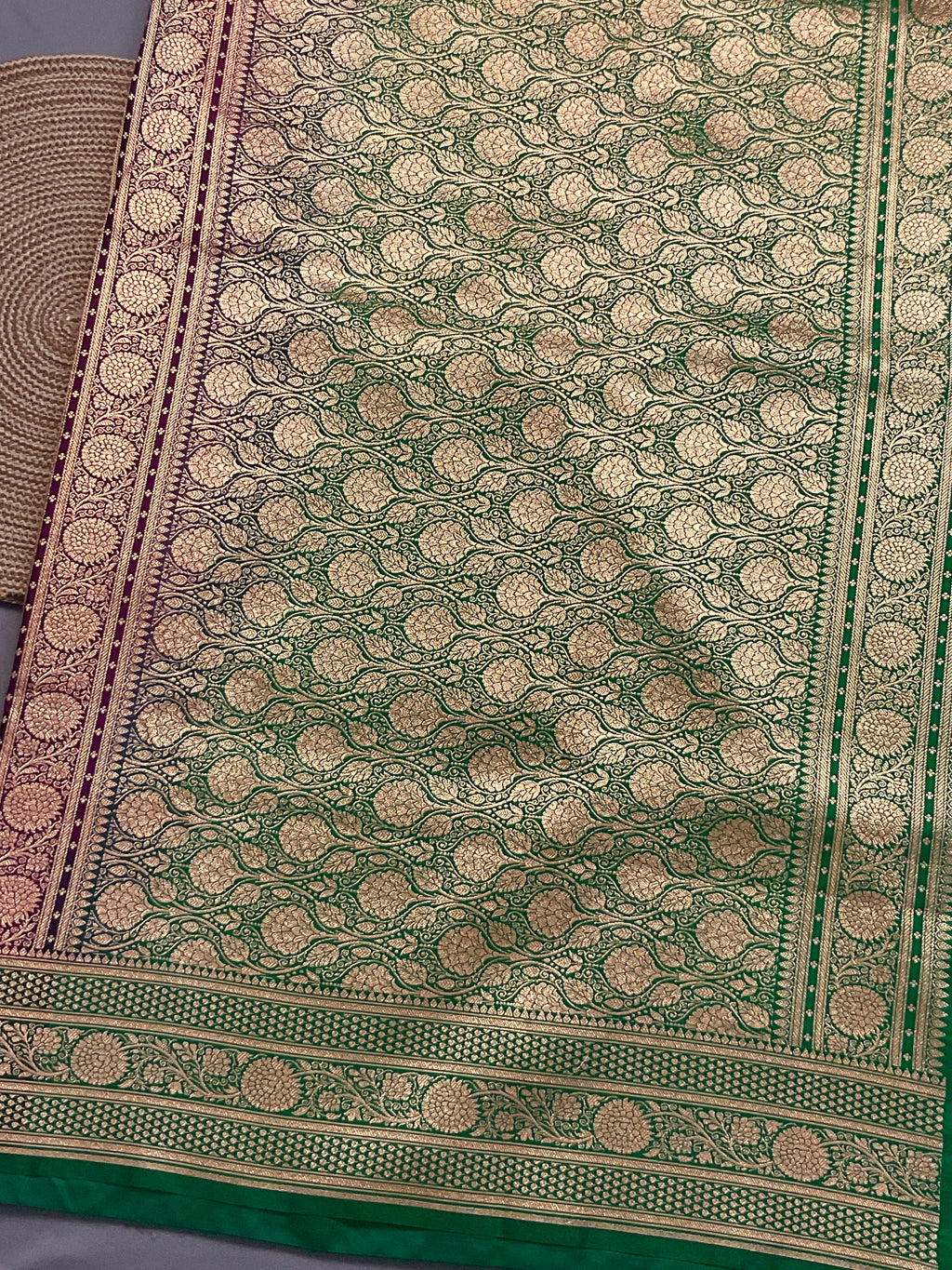 Handloom Banarasi Silk Saree in Purple with Contrast Dark Green Border & Designer Pallu