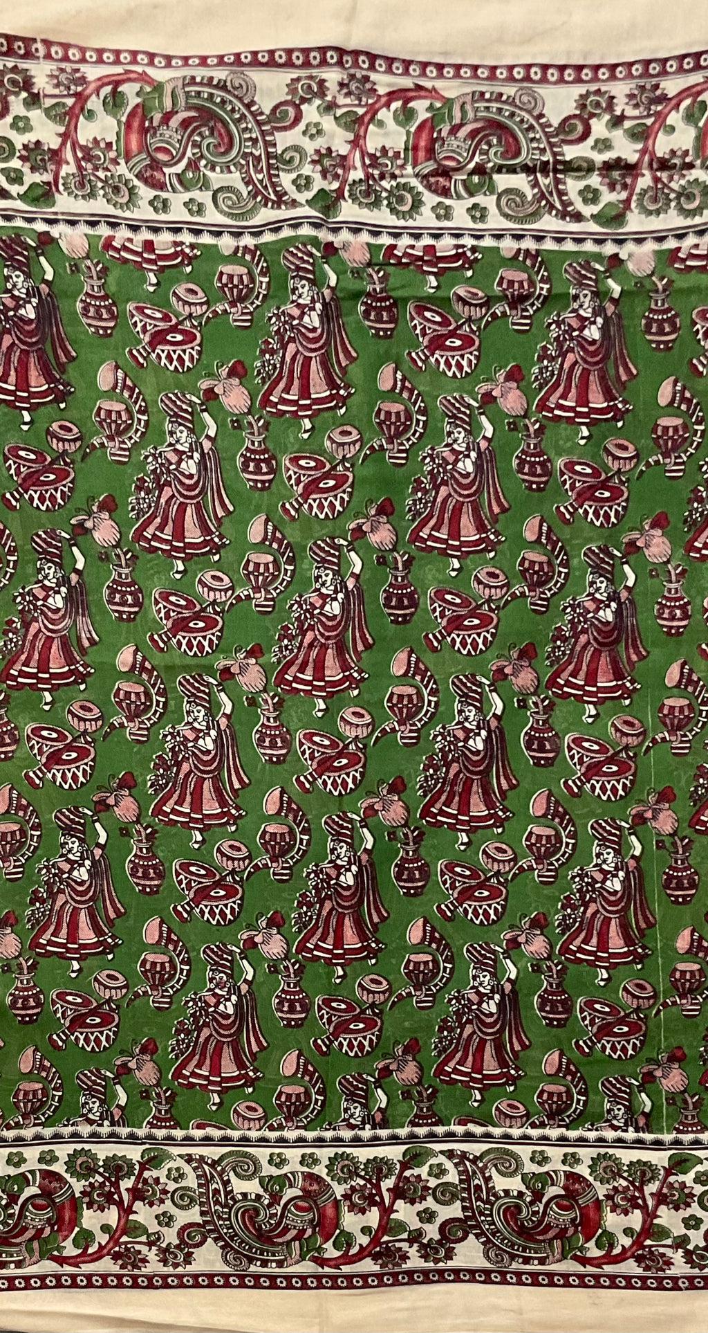 Kalamkari Hand Block Print Mul Cotton Saree – Green | With Blouse Piece
