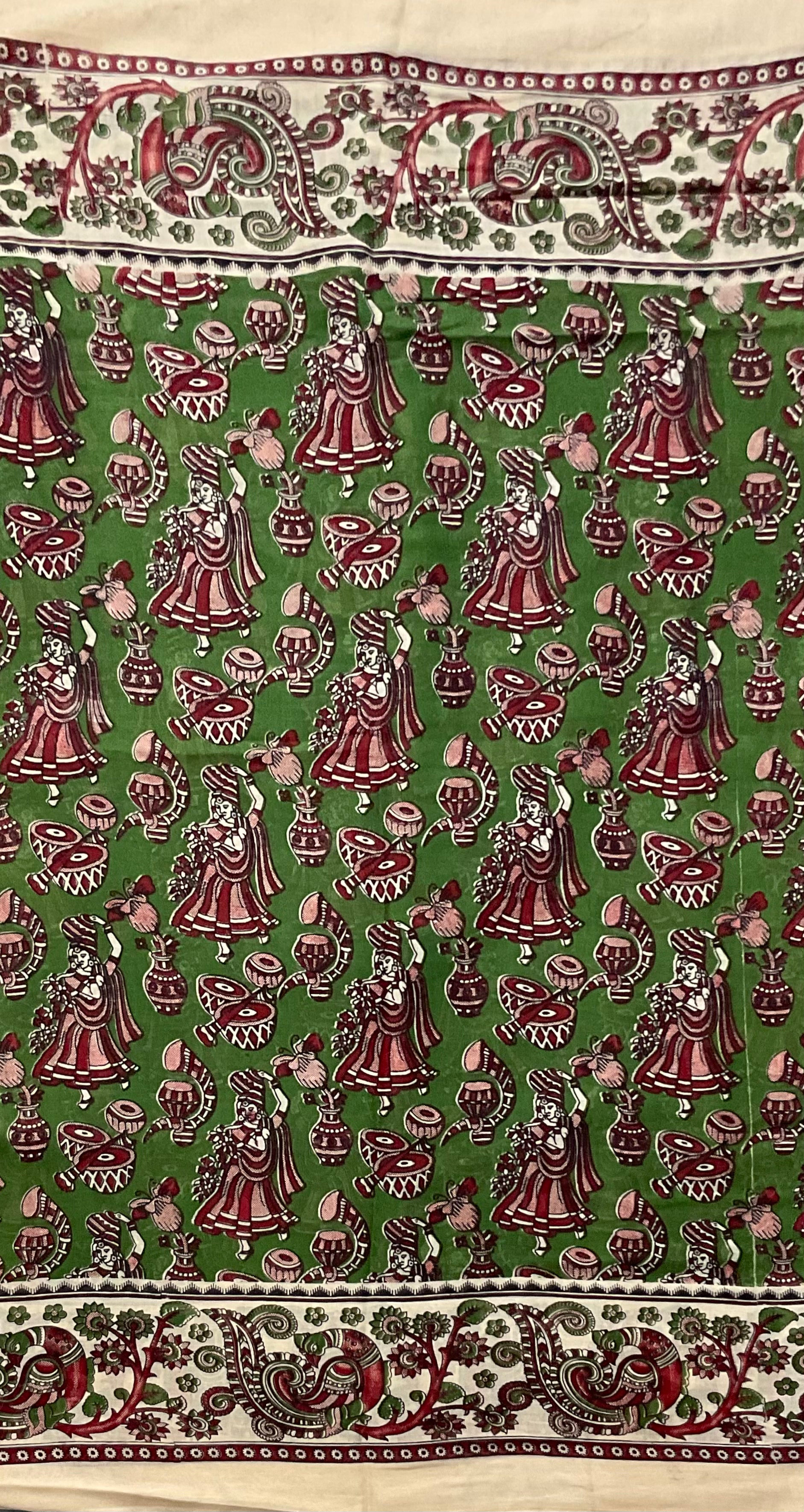 Kalamkari Hand Block Print Mul Cotton Saree – Green | With Blouse Piece