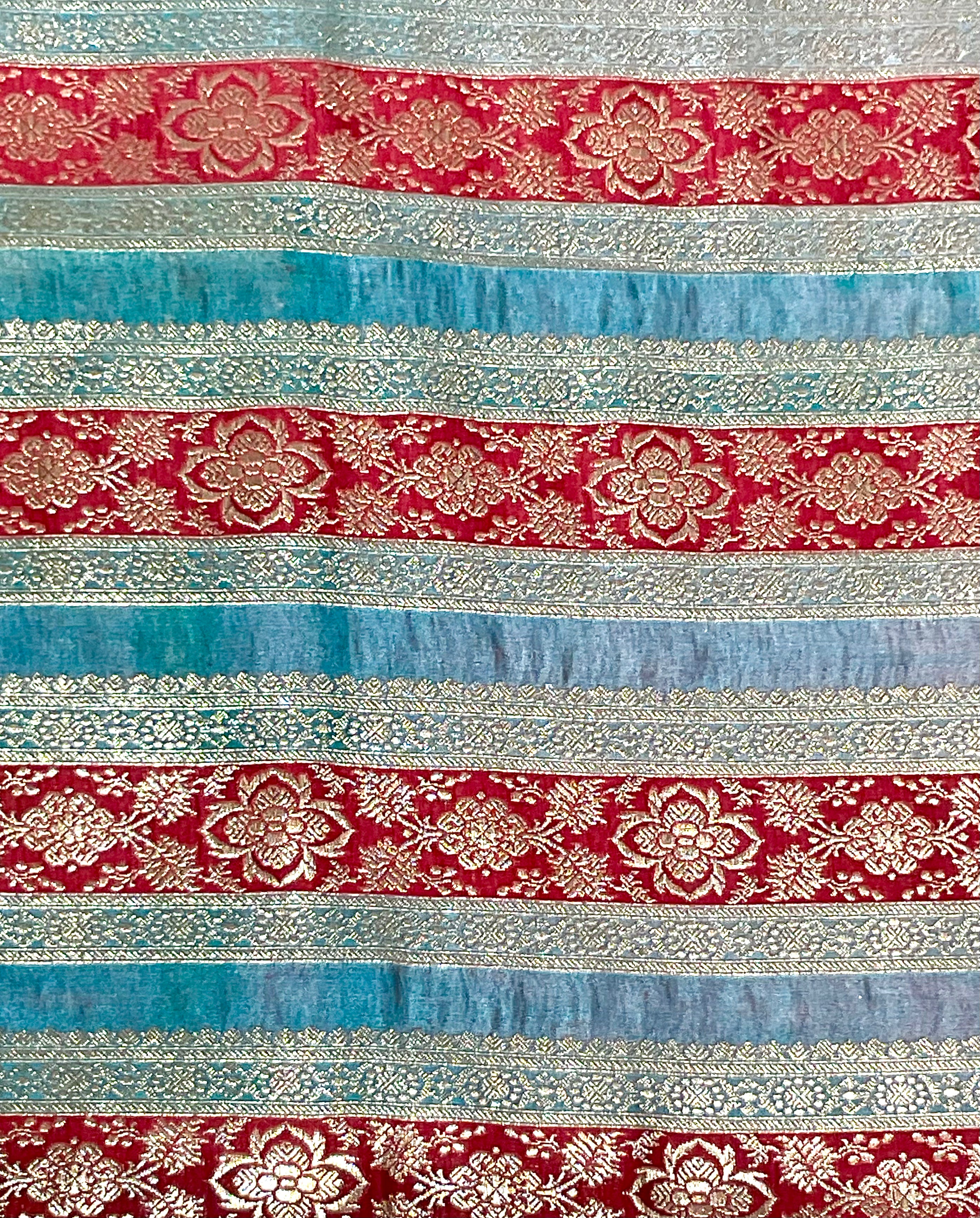 Blue Banarasi Handloom Silk Fabric with Red Stripes & Floral Weave (Per Metre)