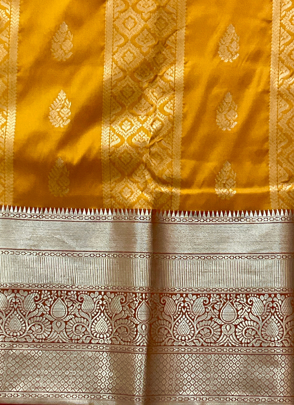 Mustard Kanchipuram Silk Saree – Red Contrast Pallu & Red Heavy Border with Blouse
