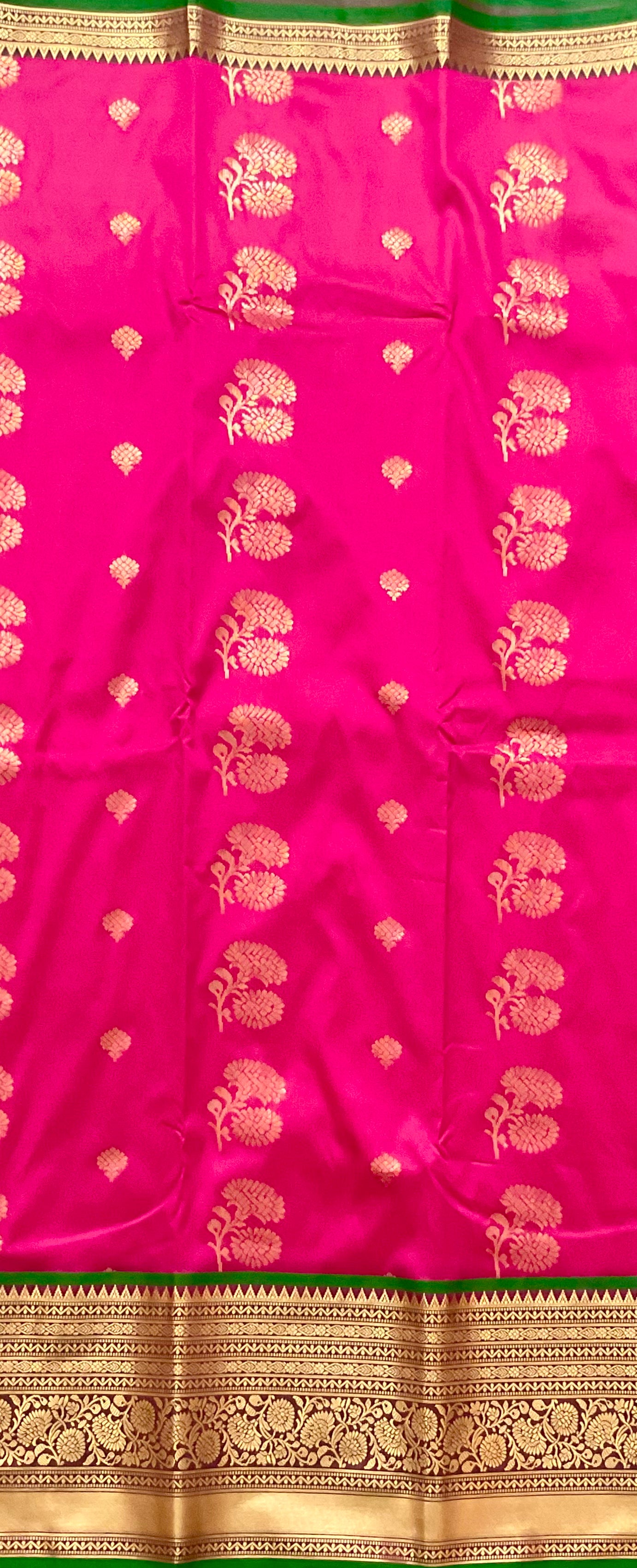 Pink Kanchipuram Tissue Silk Saree – Green Contrast Pallu & Green Heavy Border with Blouse
