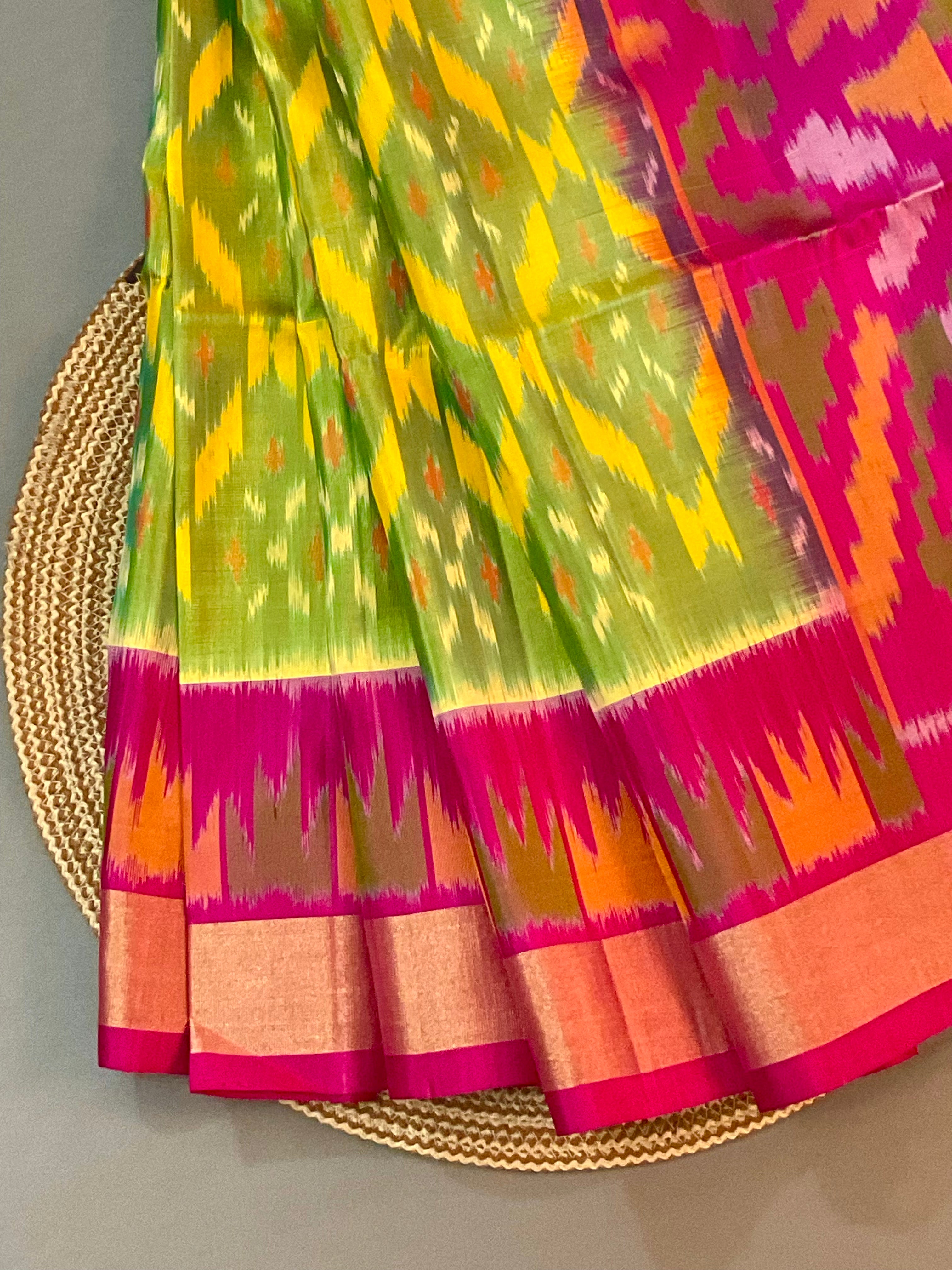 Olive Green Pochampally Ikat Silk Saree with Contrast Rani Pink Pallu & Plain Blouse