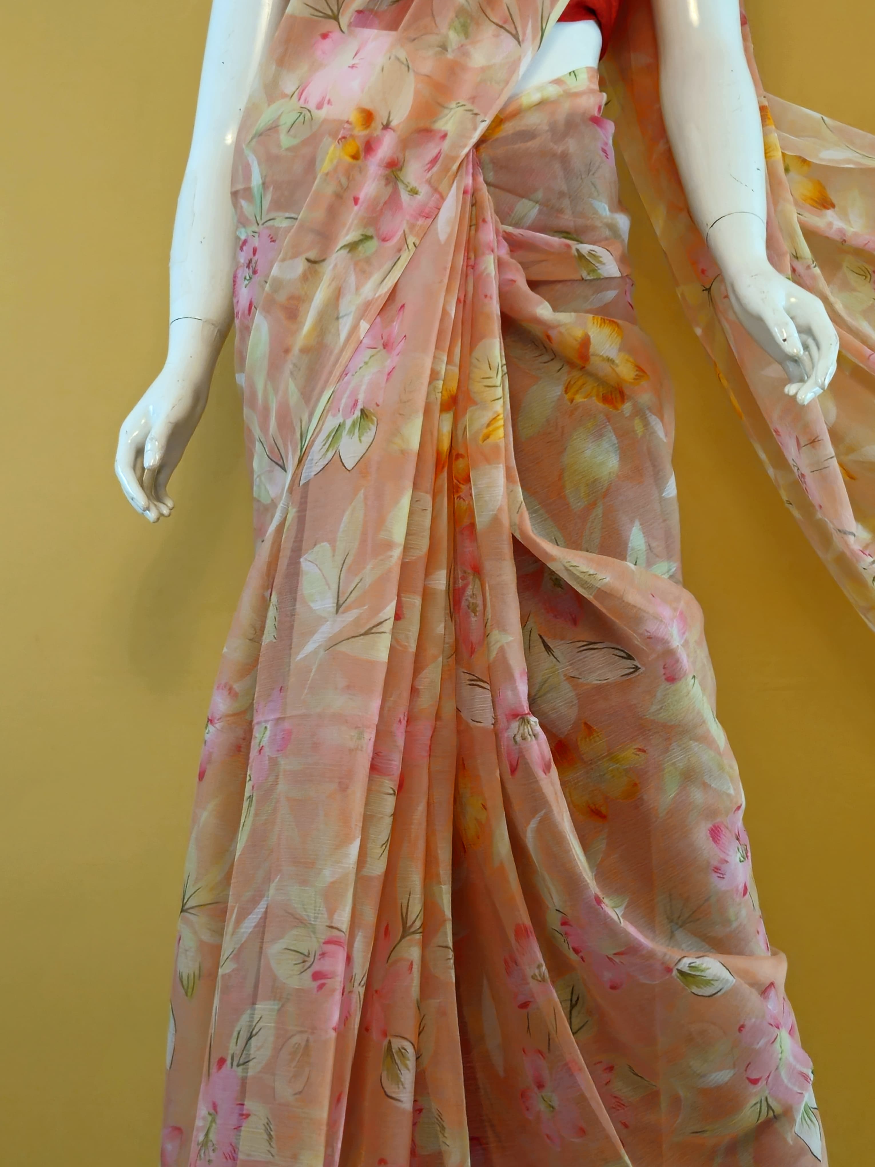 Garden Vareli Nara Chiffon Saree (Saree Only) — Orange