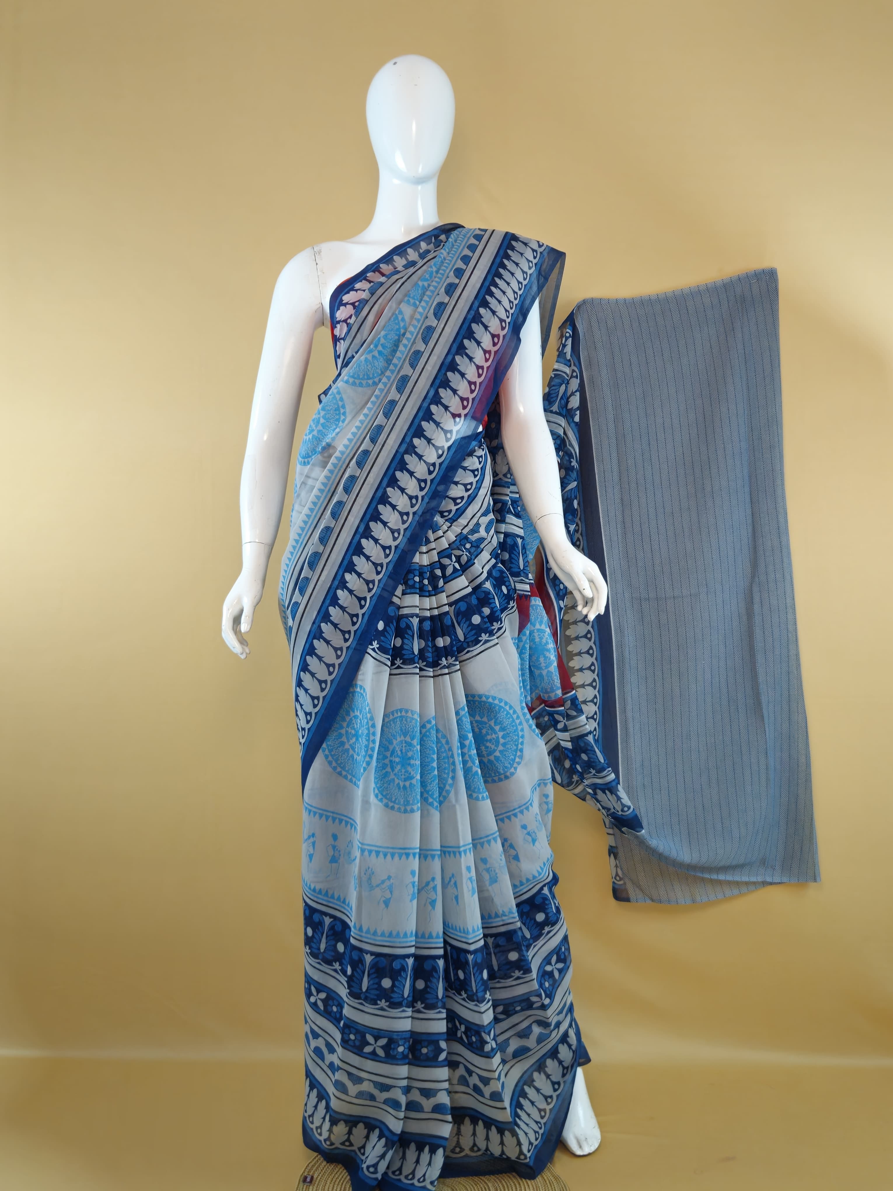 Garden Vareli Summer Lentus Kalamkari Saree with Blouse — Blue