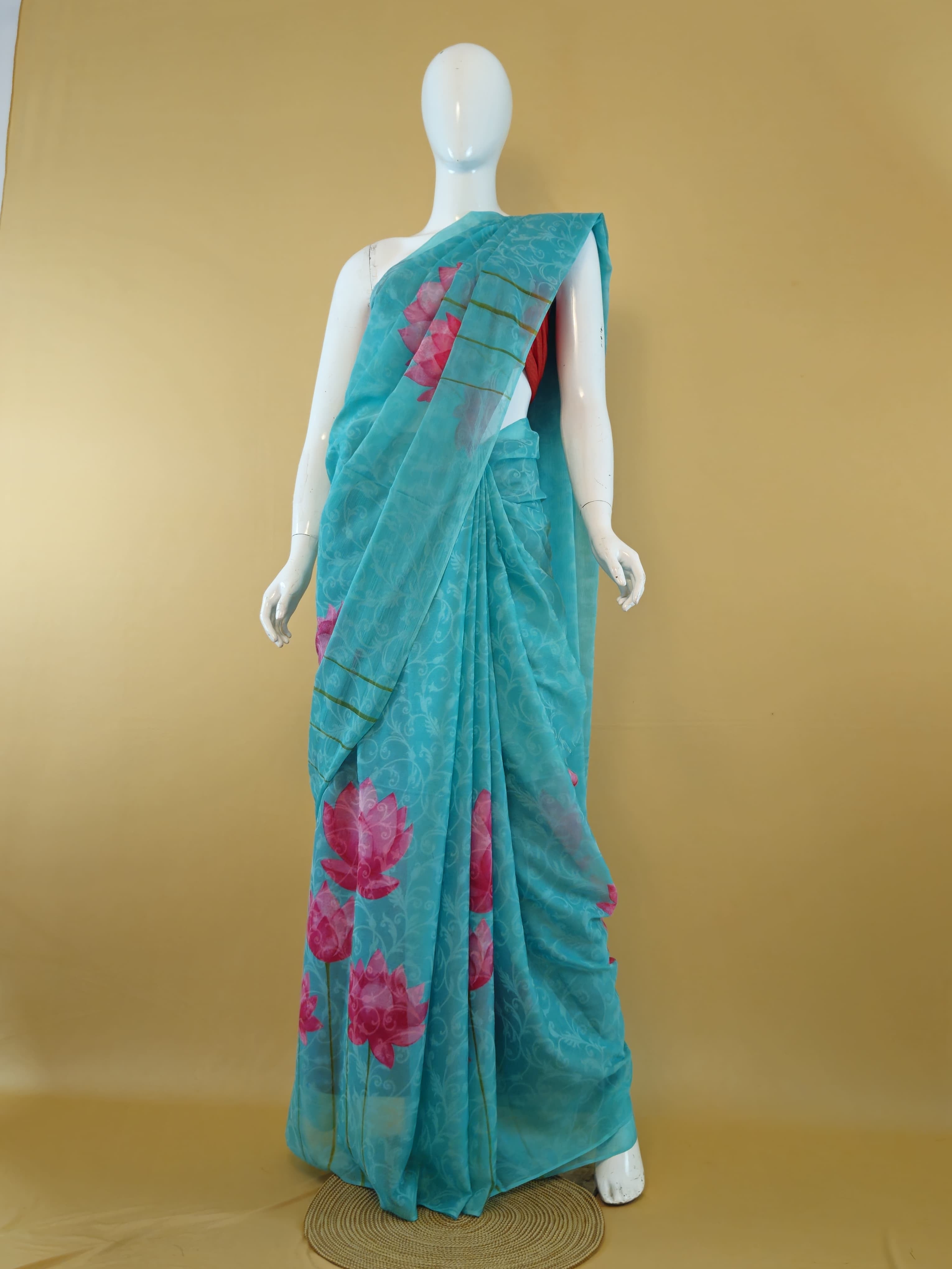 Garden Vareli Lock Chiffon Saree with Blouse — Green