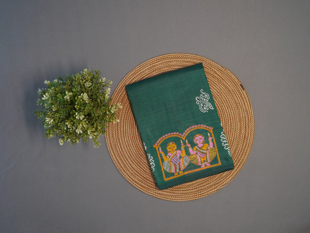 Kalamkari Hand Block Printed Pure Silk Saree in Green with Designer Pallu & Blouse