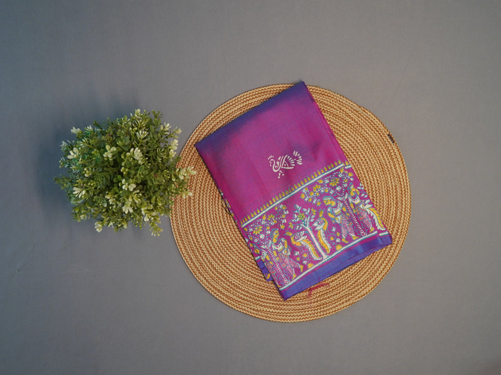 Kalamkari Hand Block Printed Pure Silk Saree in Purple with Designer Pallu & Blouse