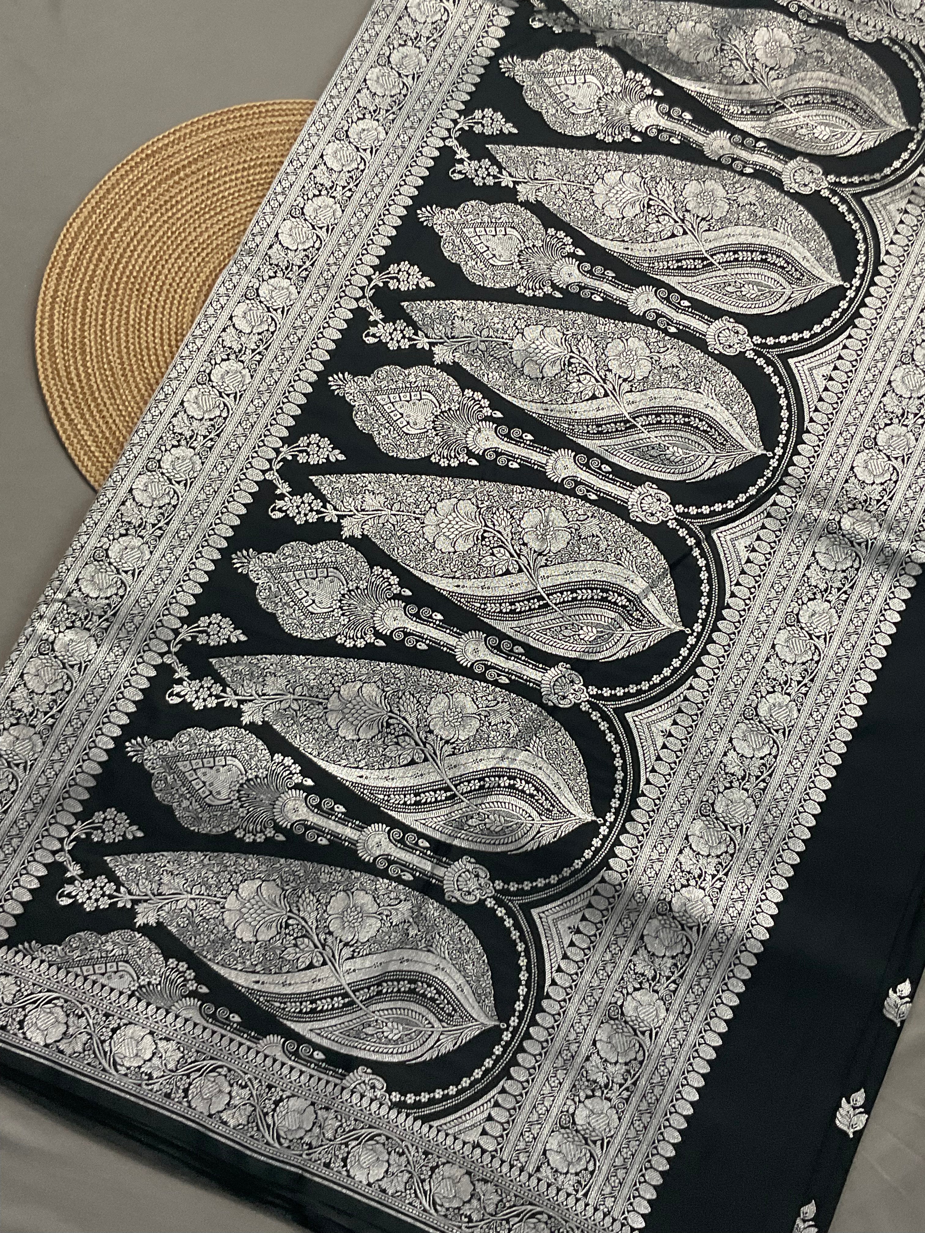 Handloom Banarasi Silk Saree in Black with Silver Zari Border & Designer Zari Pallu
