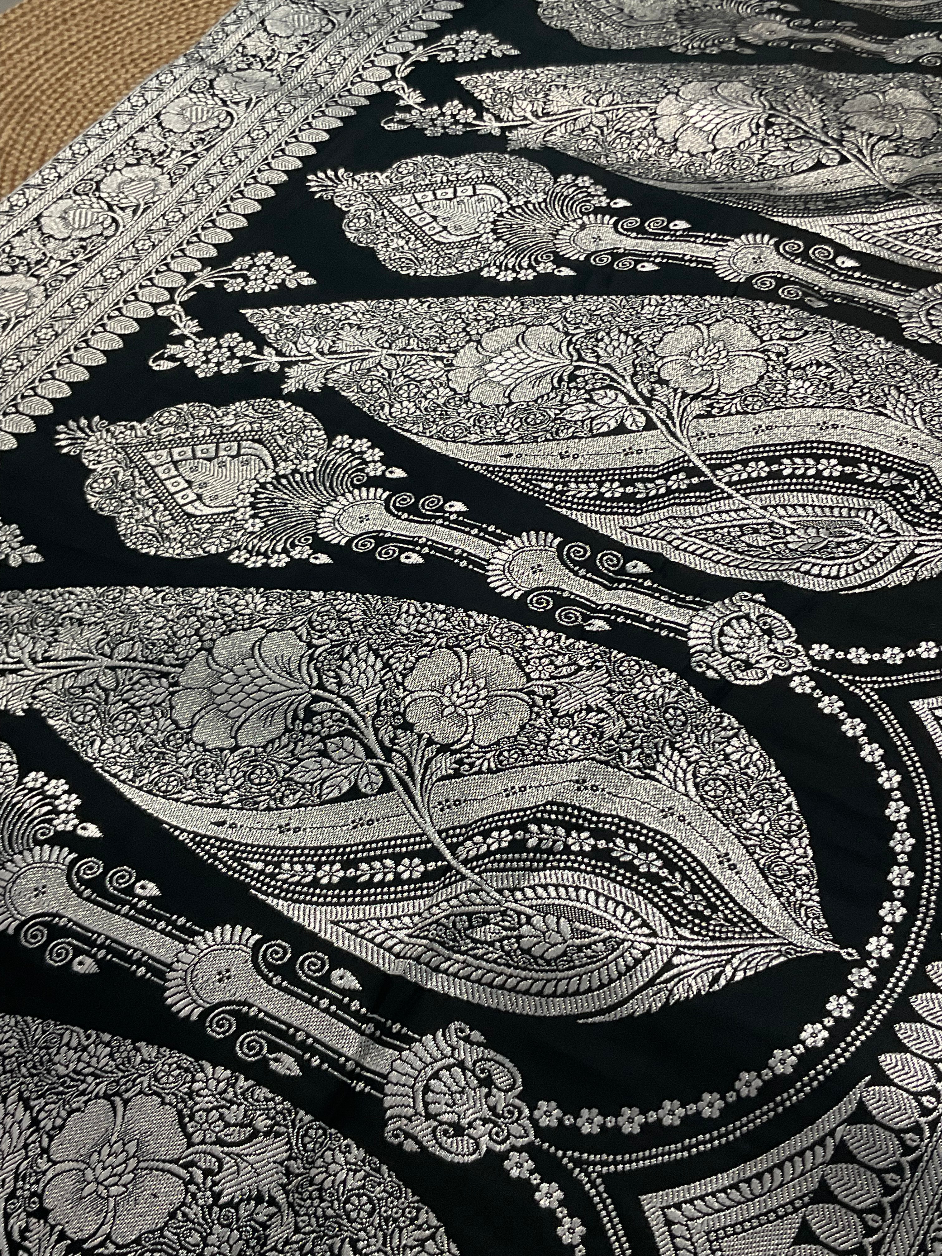 Handloom Banarasi Silk Saree in Black with Silver Zari Border & Designer Zari Pallu