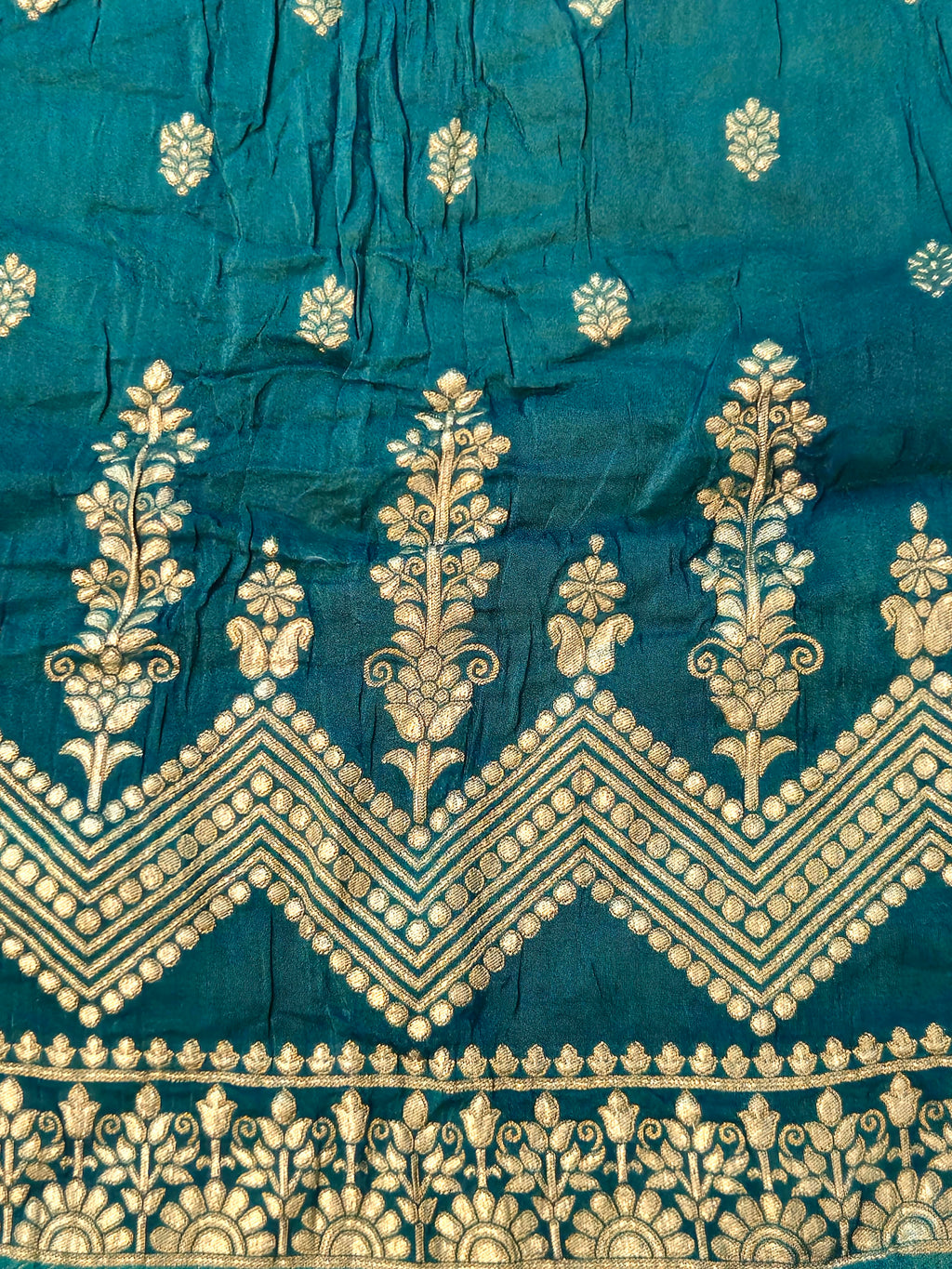 Peacock Green Handloom Silk Bridal Lehenga with Gold Zari Embroidery