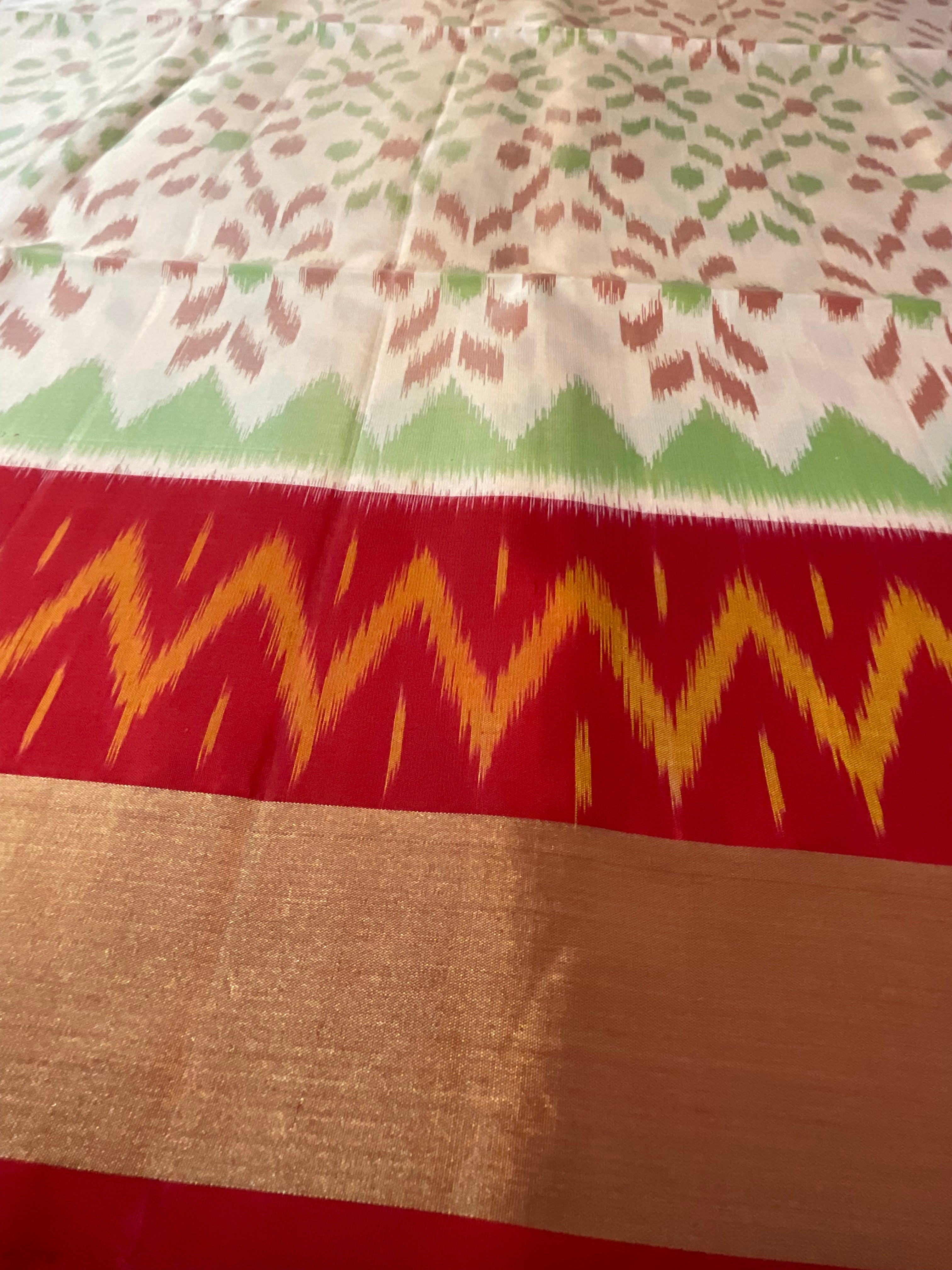 Royal Cream Pochampally Handwoven Ikat Silk Saree with Blood Red Contrast Pallu & Plain Blouse