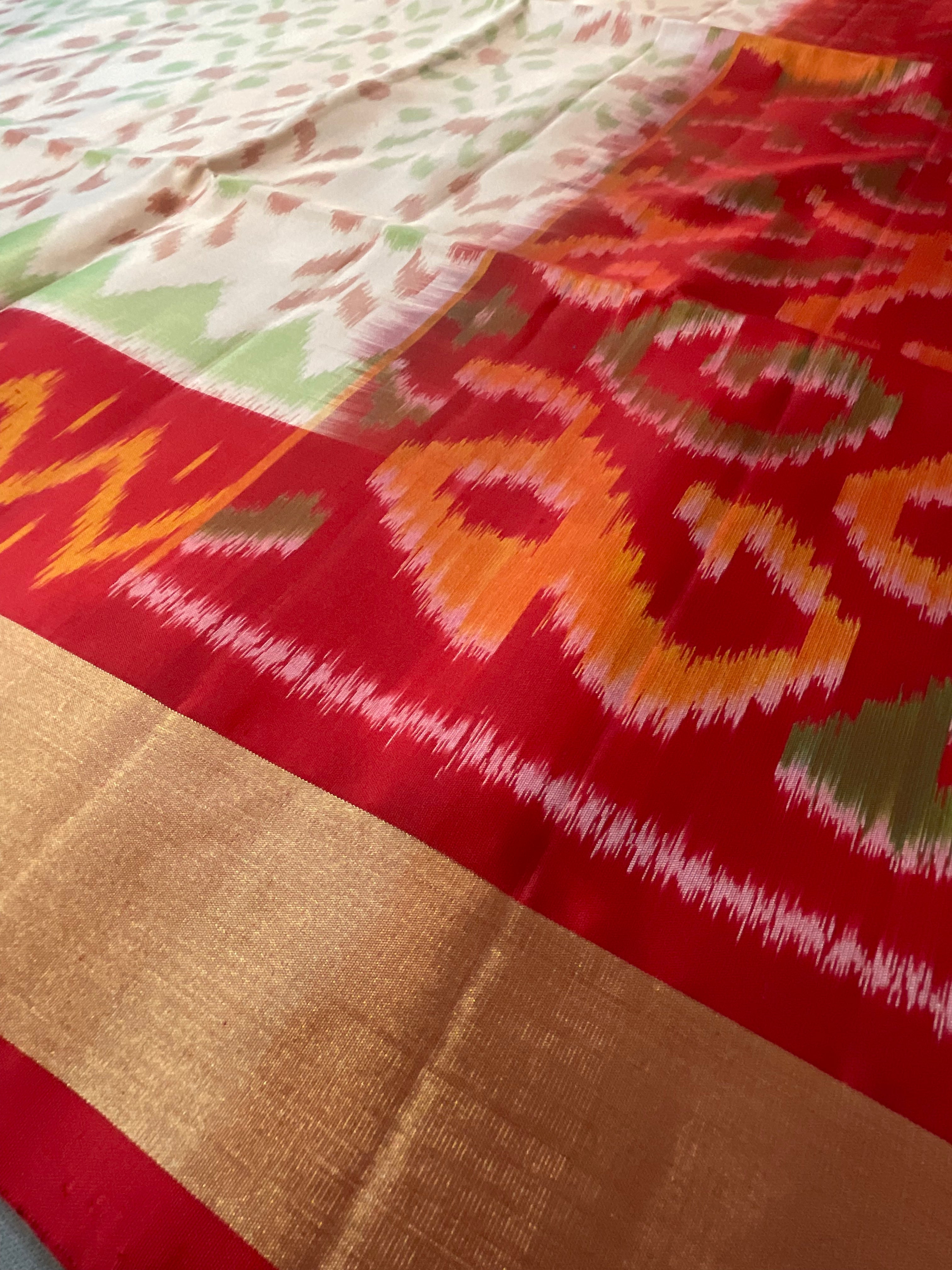 Royal Cream Pochampally Handwoven Ikat Silk Saree with Blood Red Contrast Pallu & Plain Blouse