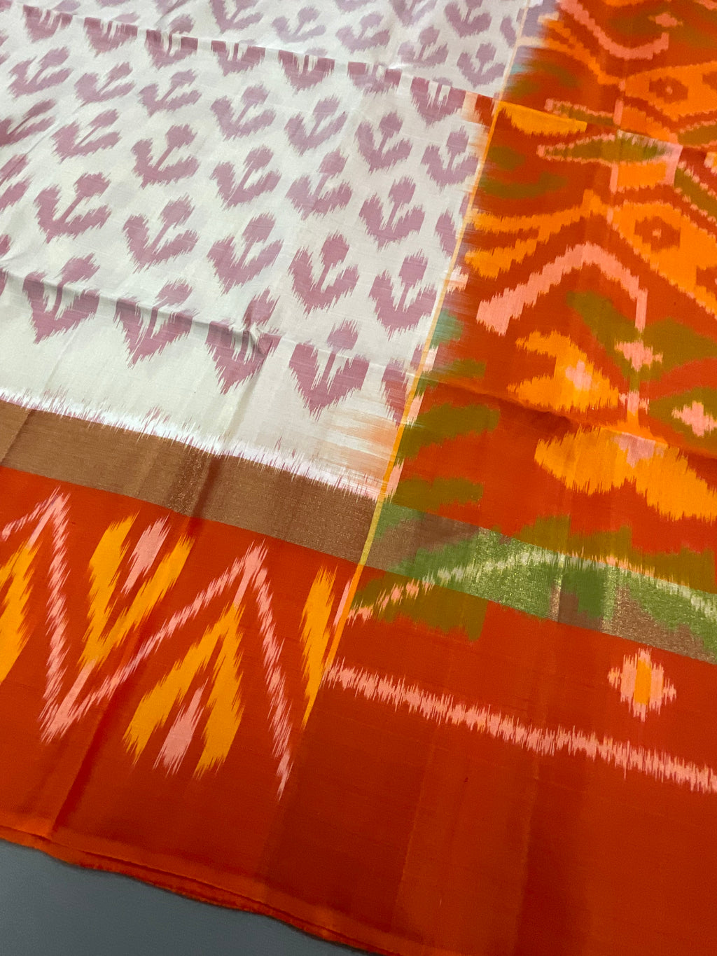 Royal Cream Pochampally Handwoven Ikat Silk Saree with Orange-Red Contrast Pallu & Plain Blouse