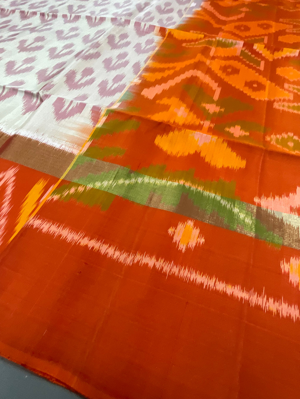 Royal Cream Pochampally Handwoven Ikat Silk Saree with Orange-Red Contrast Pallu & Plain Blouse