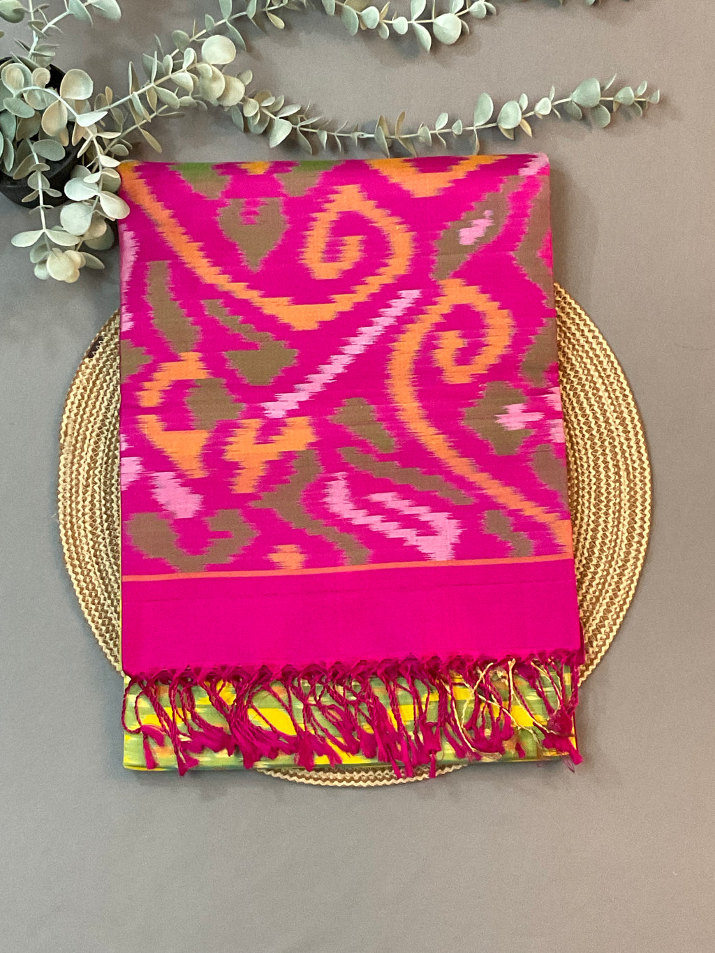 Olive Green Pochampally Ikat Silk Saree with Contrast Rani Pink Pallu & Plain Blouse
