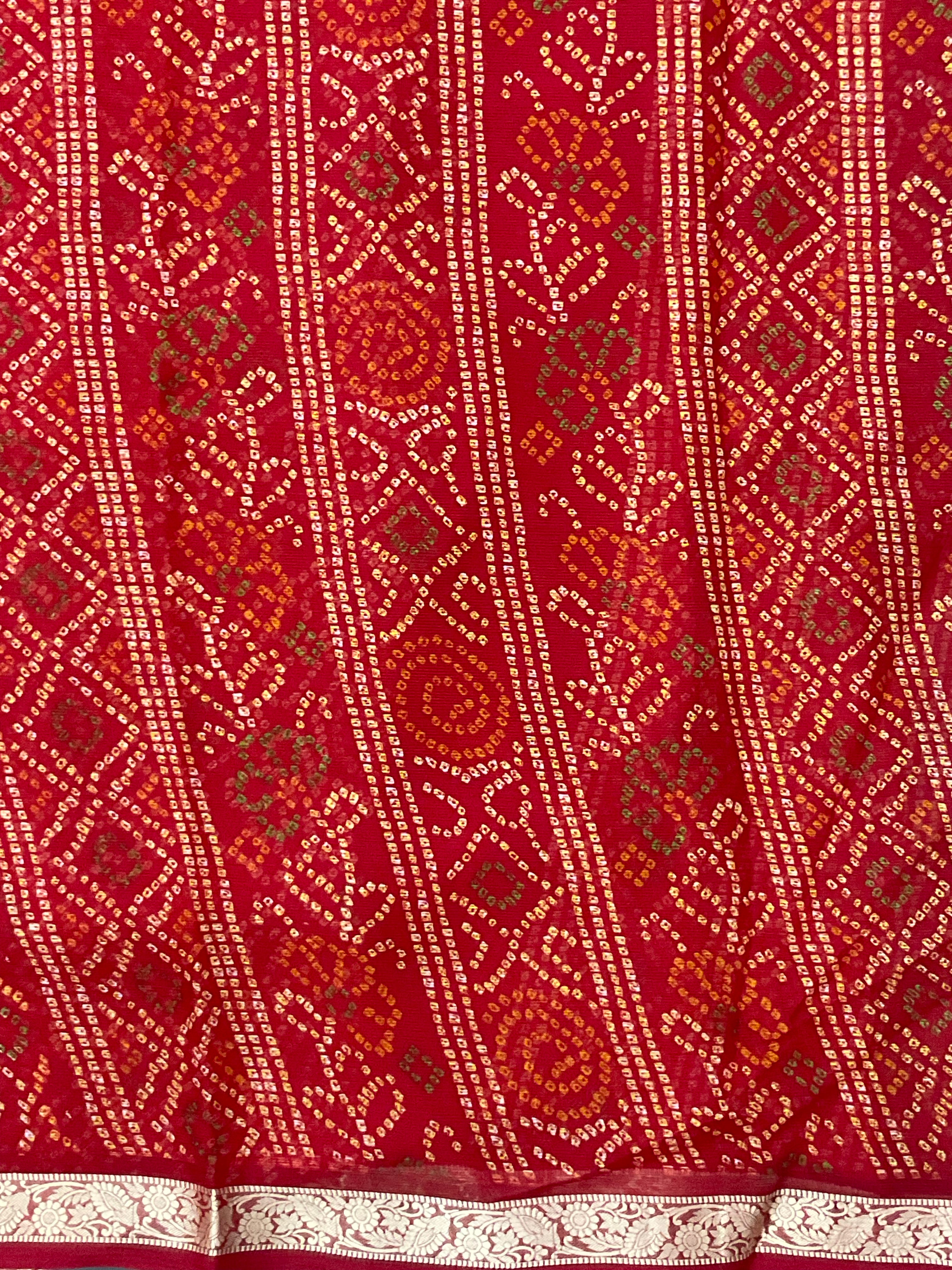 Bandini Printed Georgette Saree with Golden Weaving Border, Designer Pallu & Blouse – Red