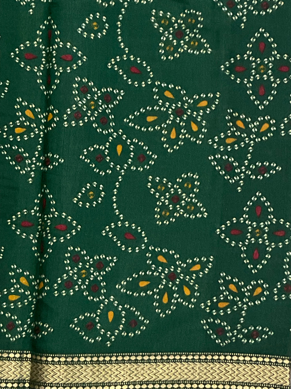 Bandini Printed Georgette Saree with Golden Weaving Border, Designer Pallu & Blouse – Bottle Green