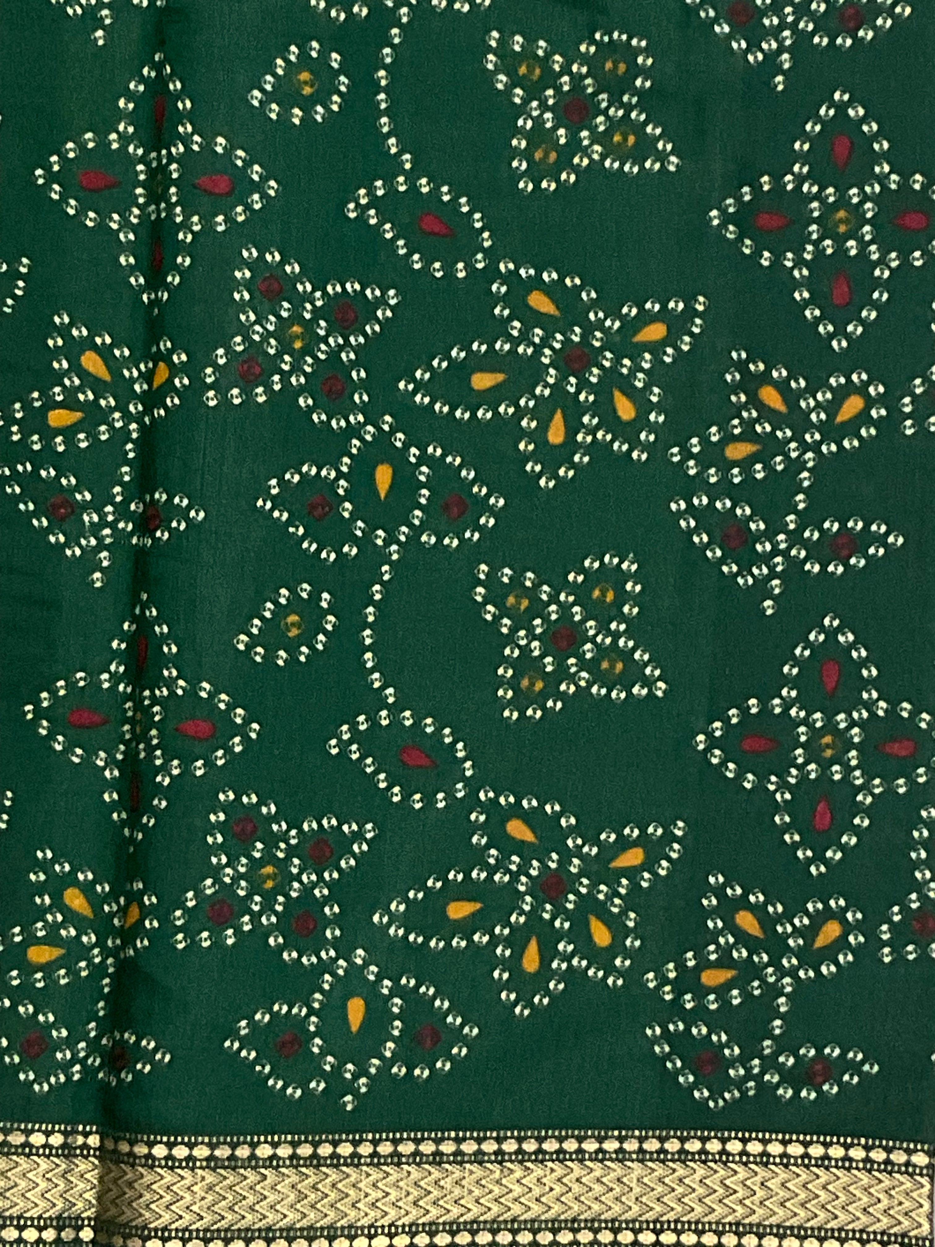 Bandini Printed Georgette Saree with Golden Weaving Border, Designer Pallu & Blouse – Bottle Green