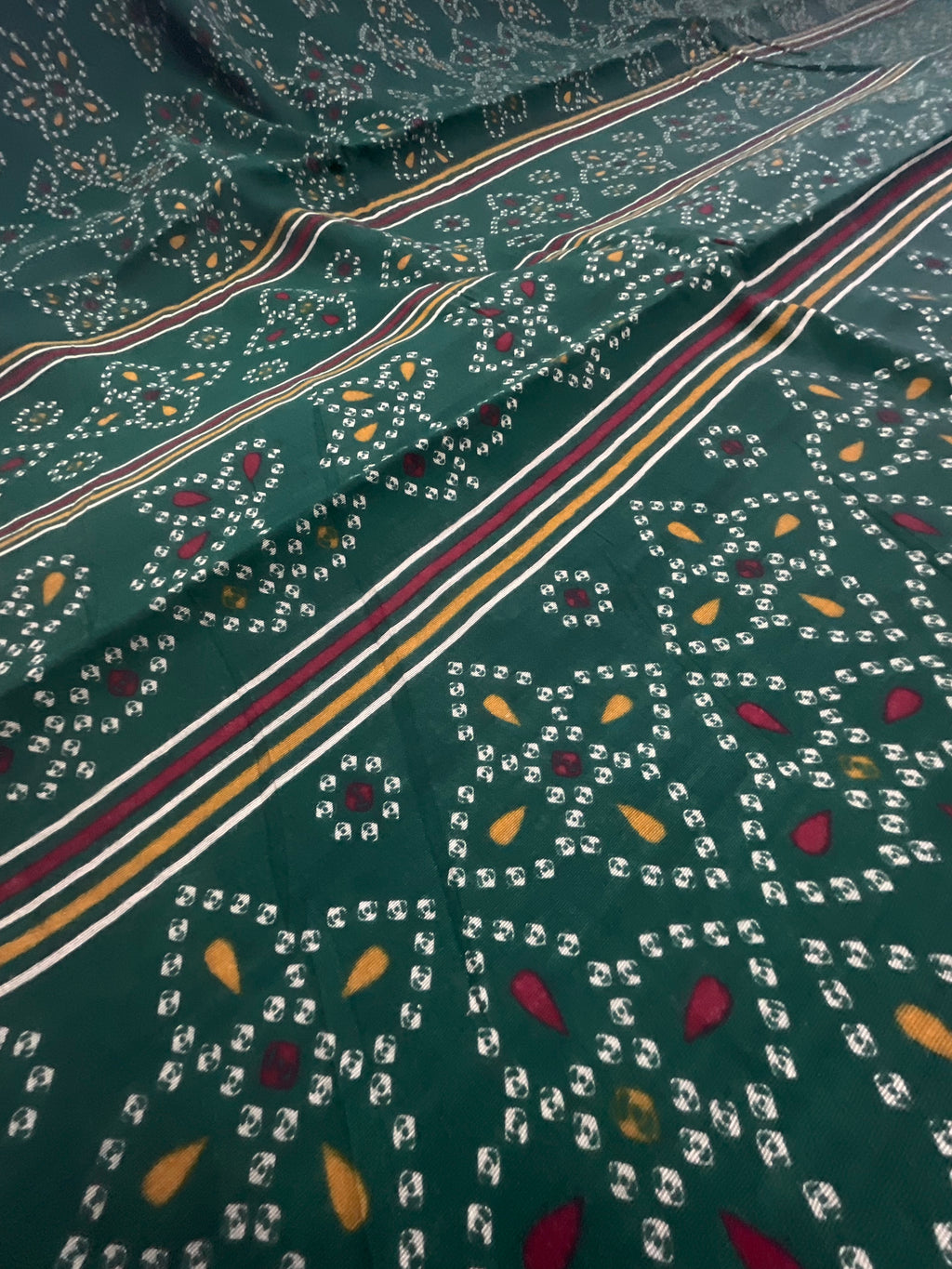 Bandini Printed Georgette Saree with Golden Weaving Border, Designer Pallu & Blouse – Bottle Green