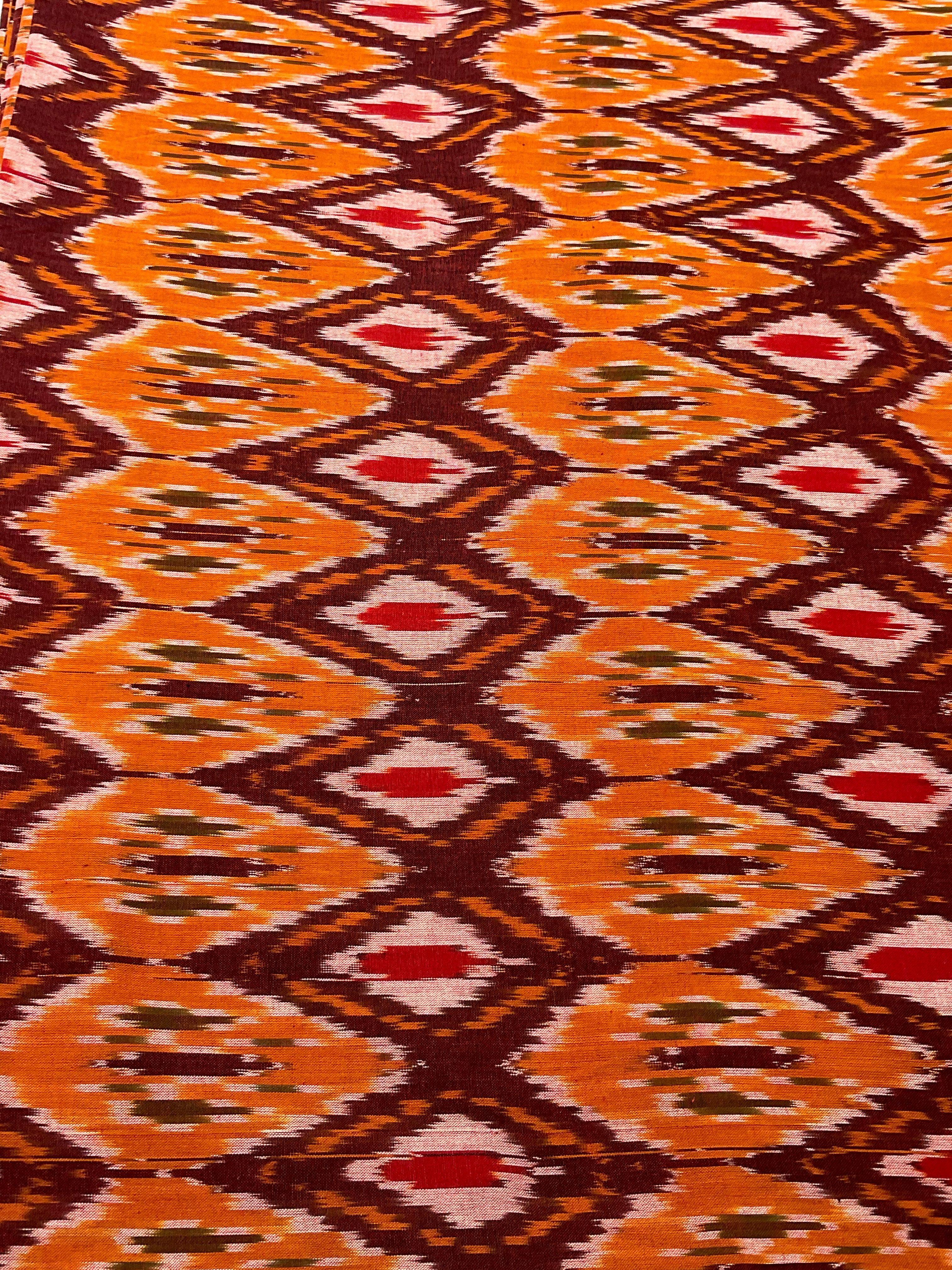 Multicolour Pochampally Ikkat Cotton Fabric – Orange Base (Per Metre)