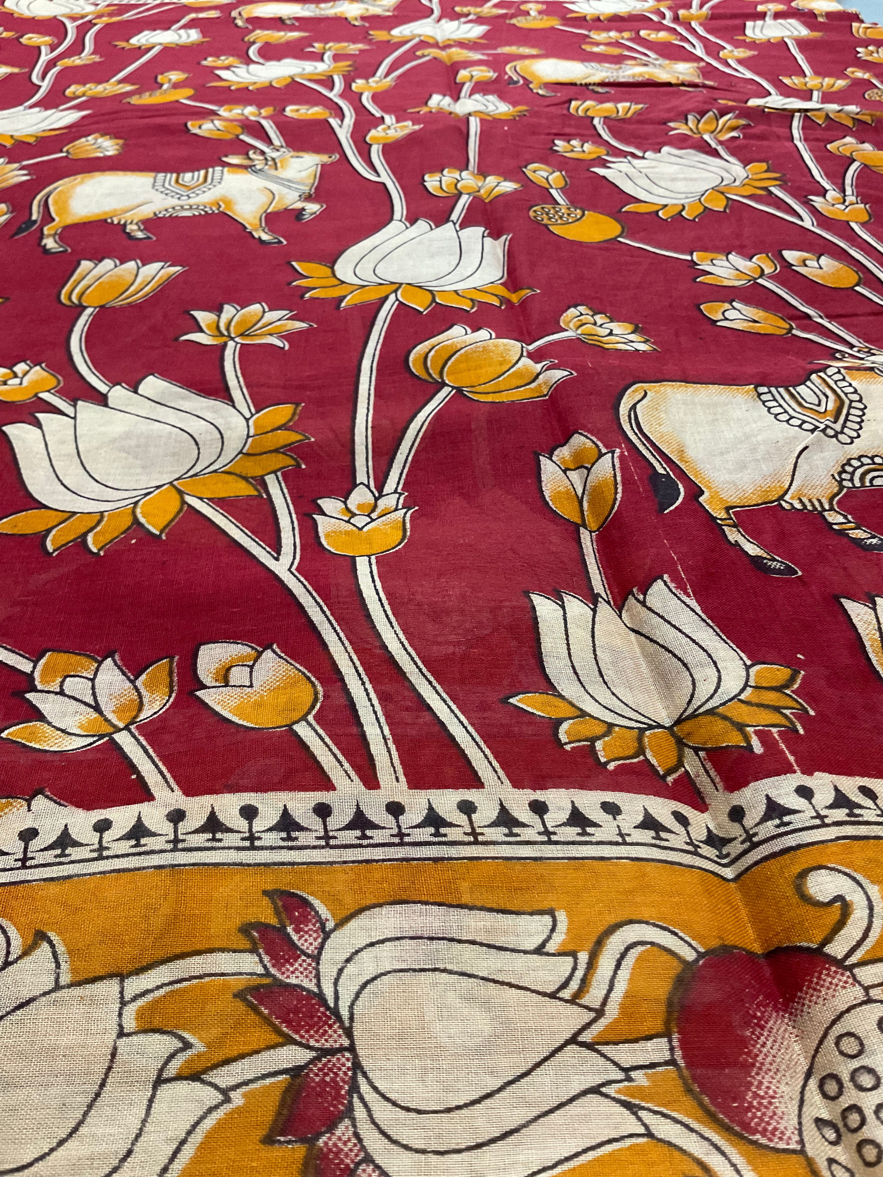 Kalamkari Hand Block Print Mul Cotton Saree – Red | With Blouse Piece