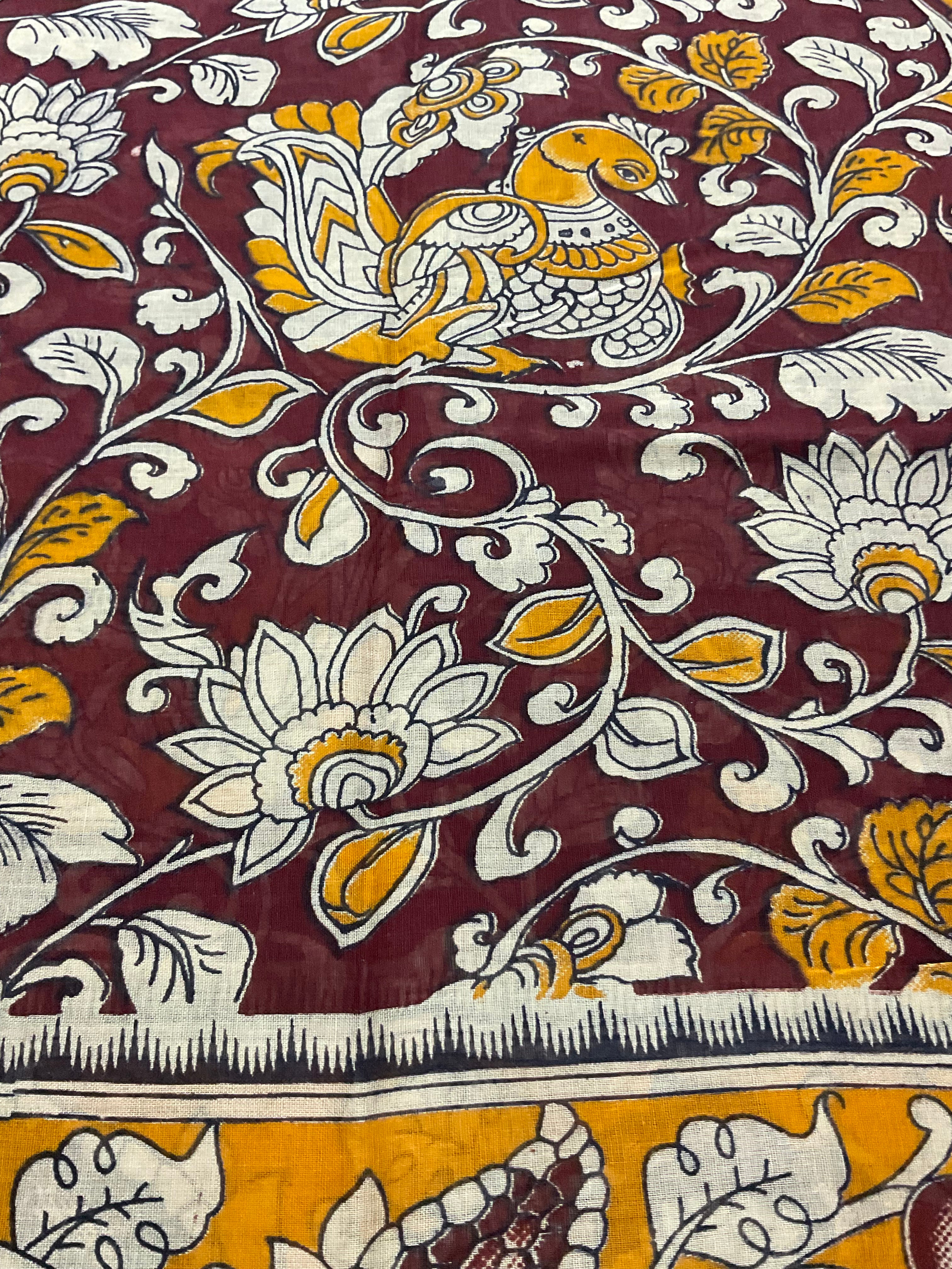 Kalamkari Hand Block Print Mul Cotton Saree – brown | With Blouse Piece