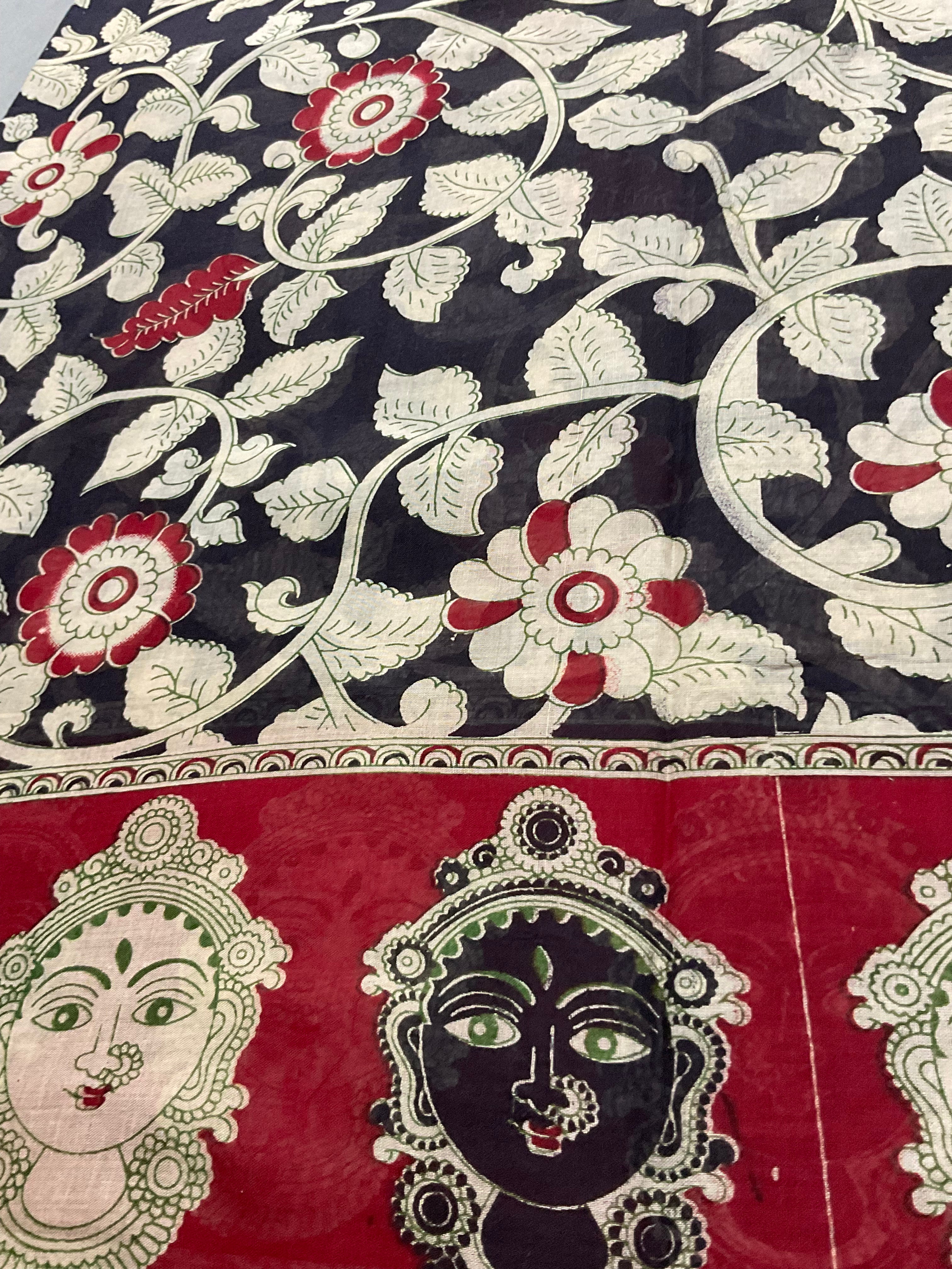 Kalamkari Hand Block Print Mul Cotton Saree – Black | With Blouse Piece