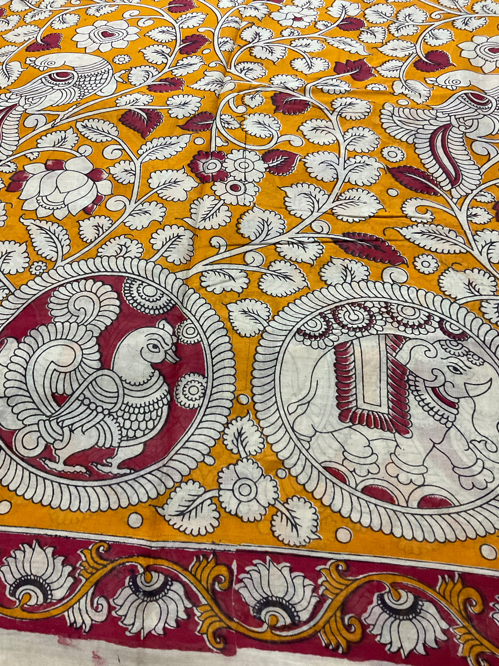 Kalamkari Hand Block Print Mul Cotton Saree – Mustard Yellow | With Blouse Piece