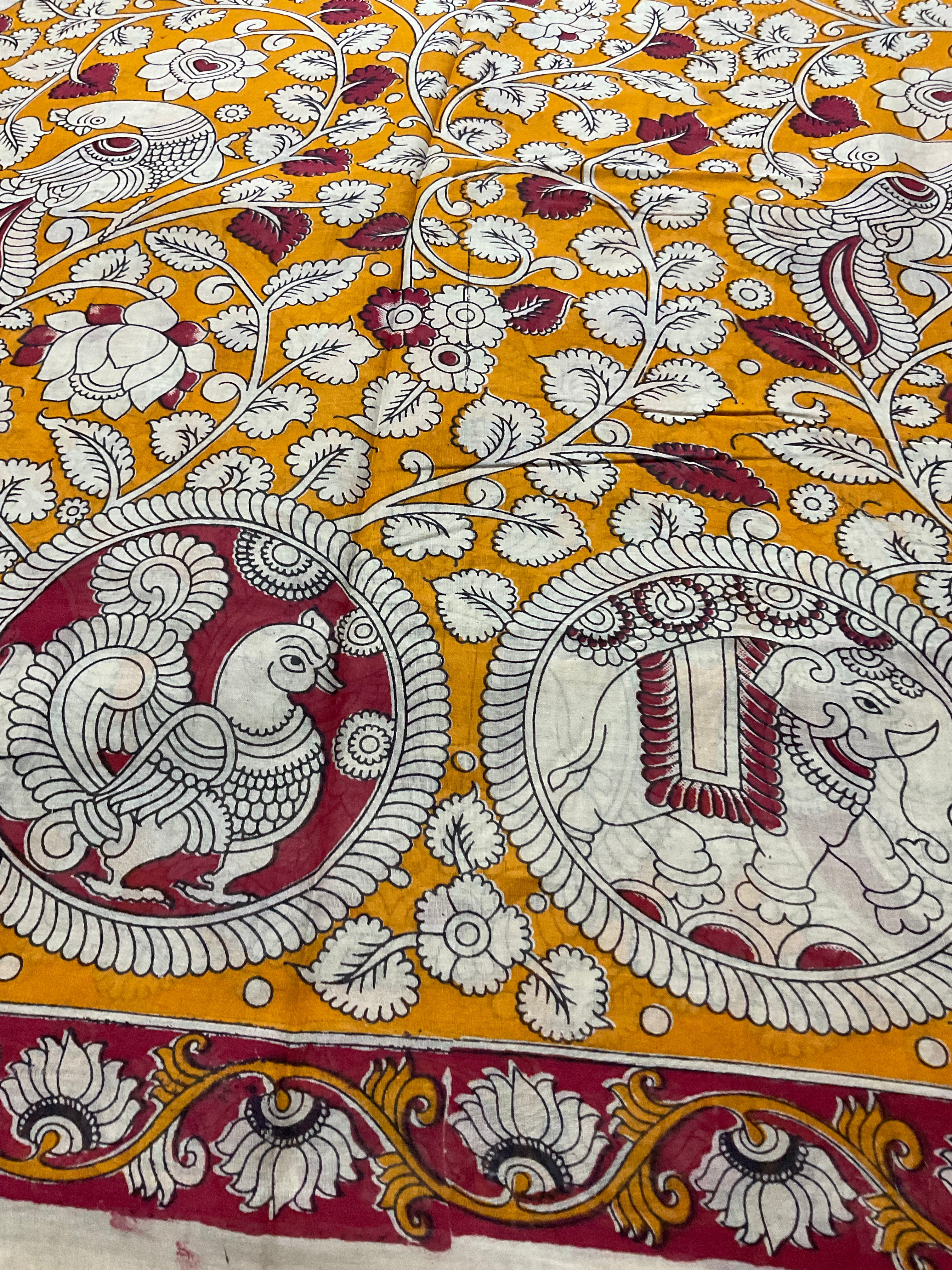 Kalamkari Hand Block Print Mul Cotton Saree – Mustard Yellow | With Blouse Piece