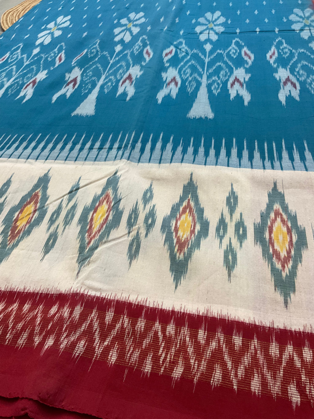 Sky Blue Pochampally Handloom Cotton Saree – Rich Heavy Zari Ikkat Border with Red Blouse