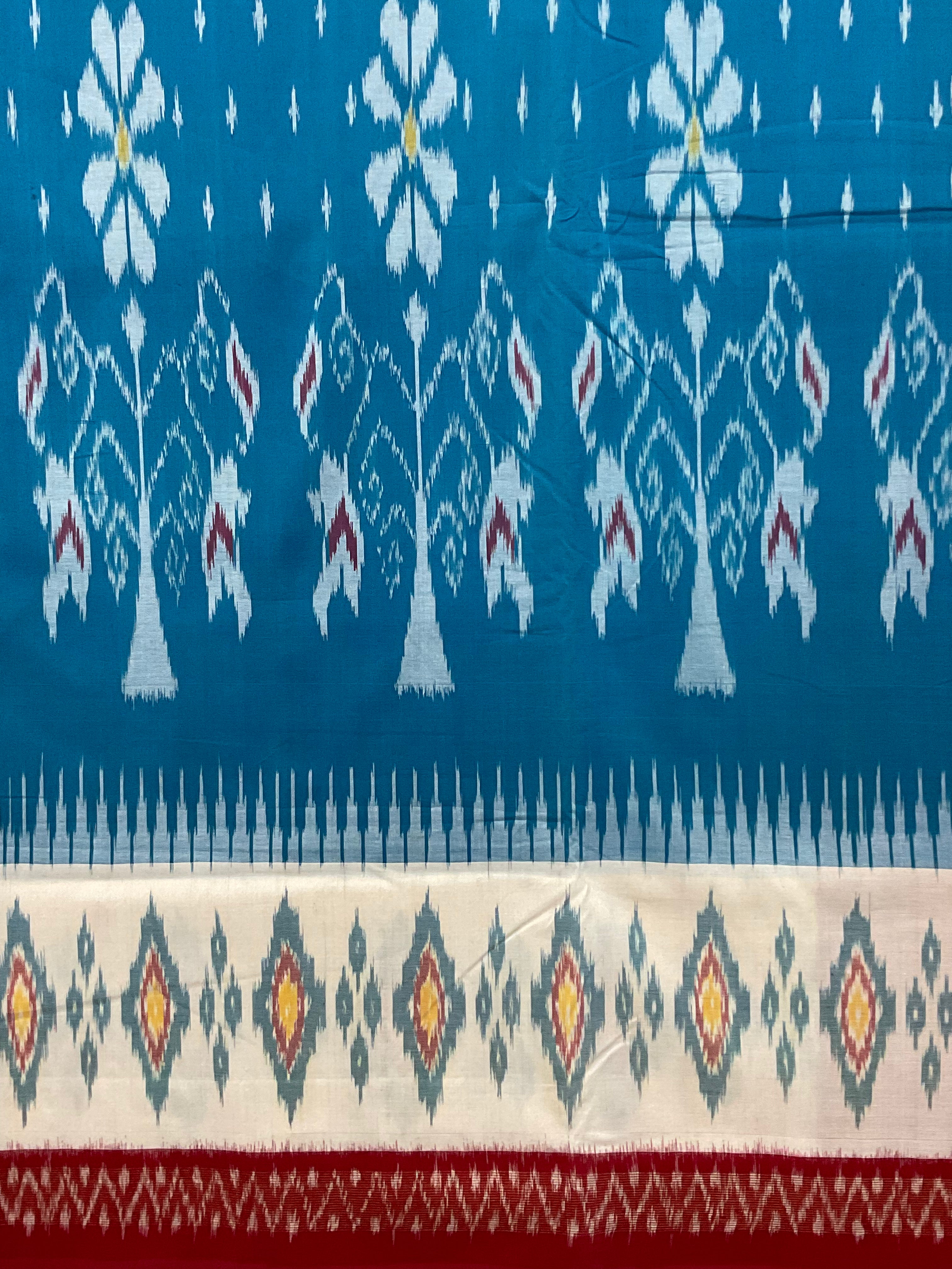 Sky Blue Pochampally Handloom Cotton Saree – Rich Heavy Zari Ikkat Border with Red Blouse