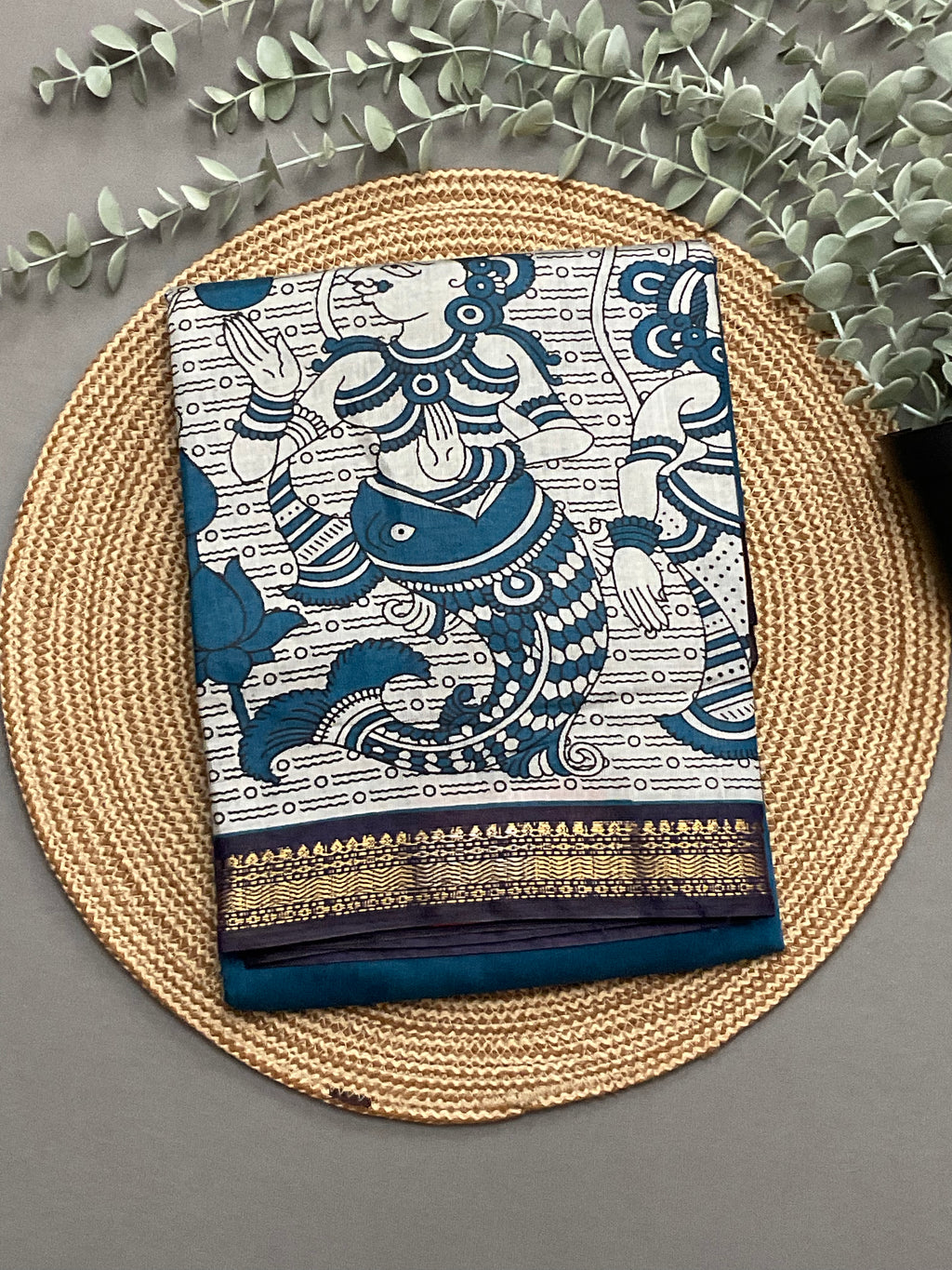 Pedana Kalamkari Hand-Block Soft Silk Saree in Royal Blue with Navy Designer Pallu & Gold Border