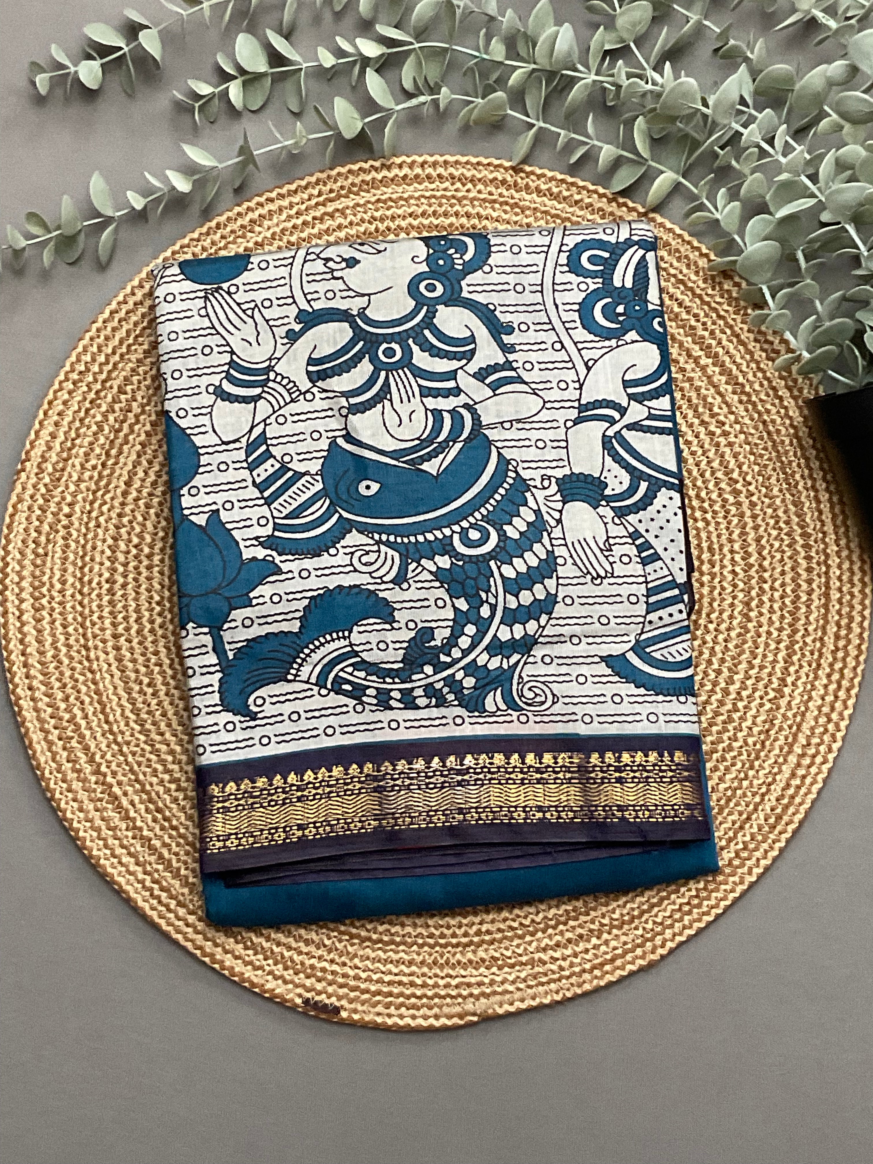 Pedana Kalamkari Hand-Block Soft Silk Saree in Royal Blue with Navy Designer Pallu & Gold Border