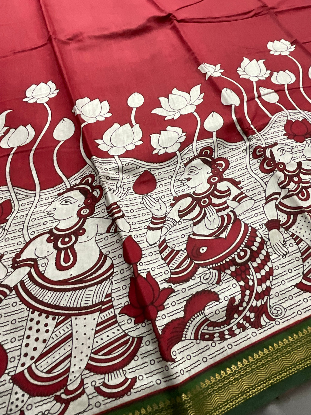 Pedana Kalamkari Hand-Block Soft Silk Saree in Deep Red with Green Designer Pallu & Gold Border