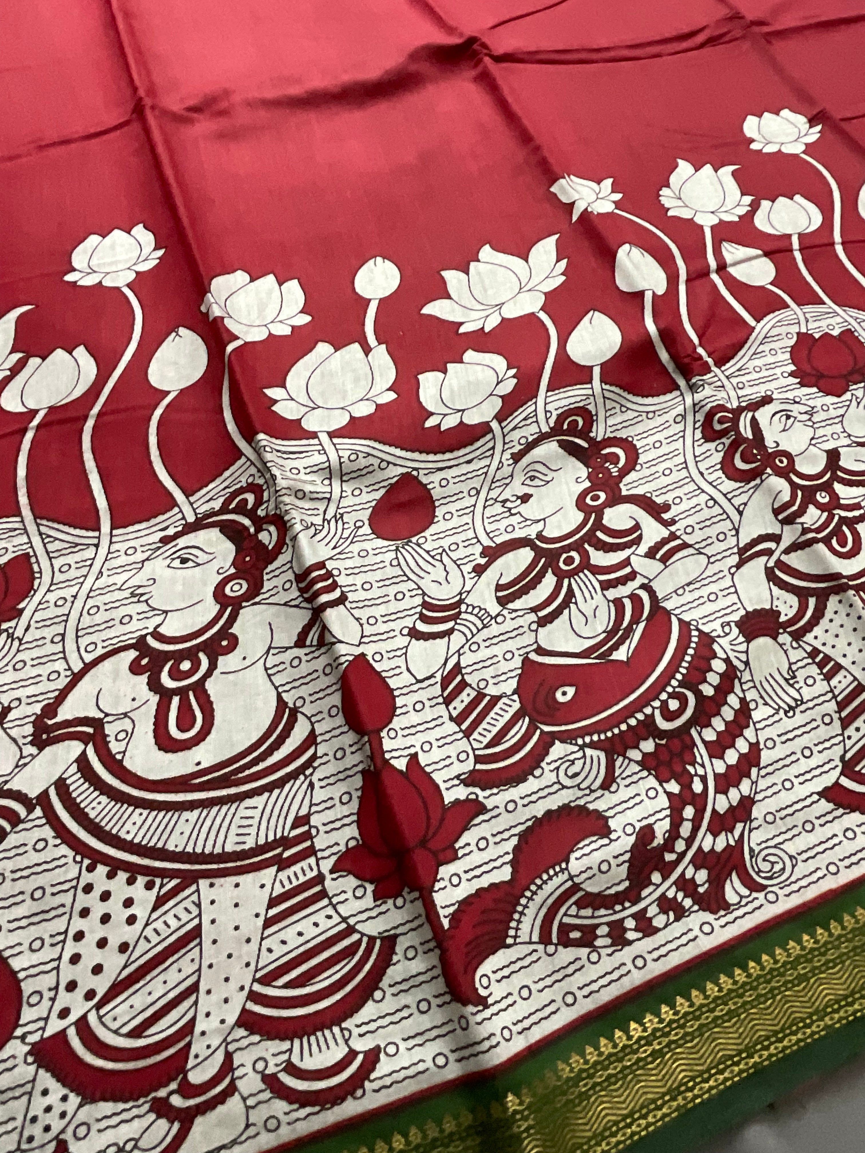 Pedana Kalamkari Hand-Block Soft Silk Saree in Deep Red with Green Designer Pallu & Gold Border