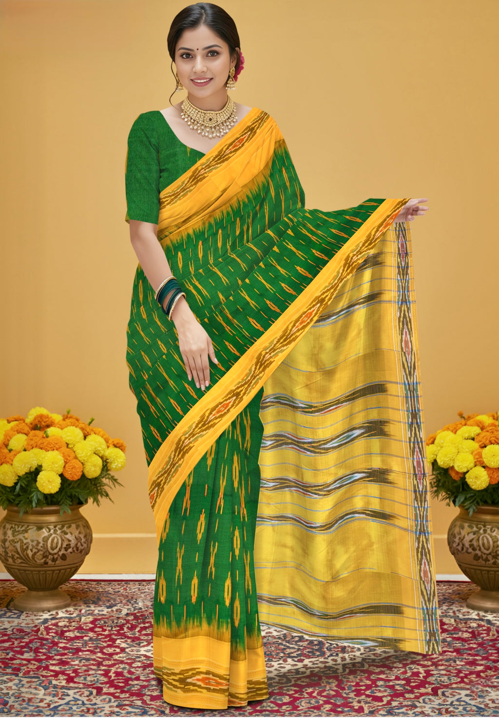 Pure Pochampally weaving silk saree in Deep green without Blouse