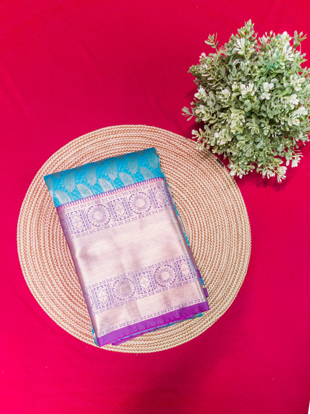 Kanchivaram golden leaf weave saree in sky blue color with pattu border
