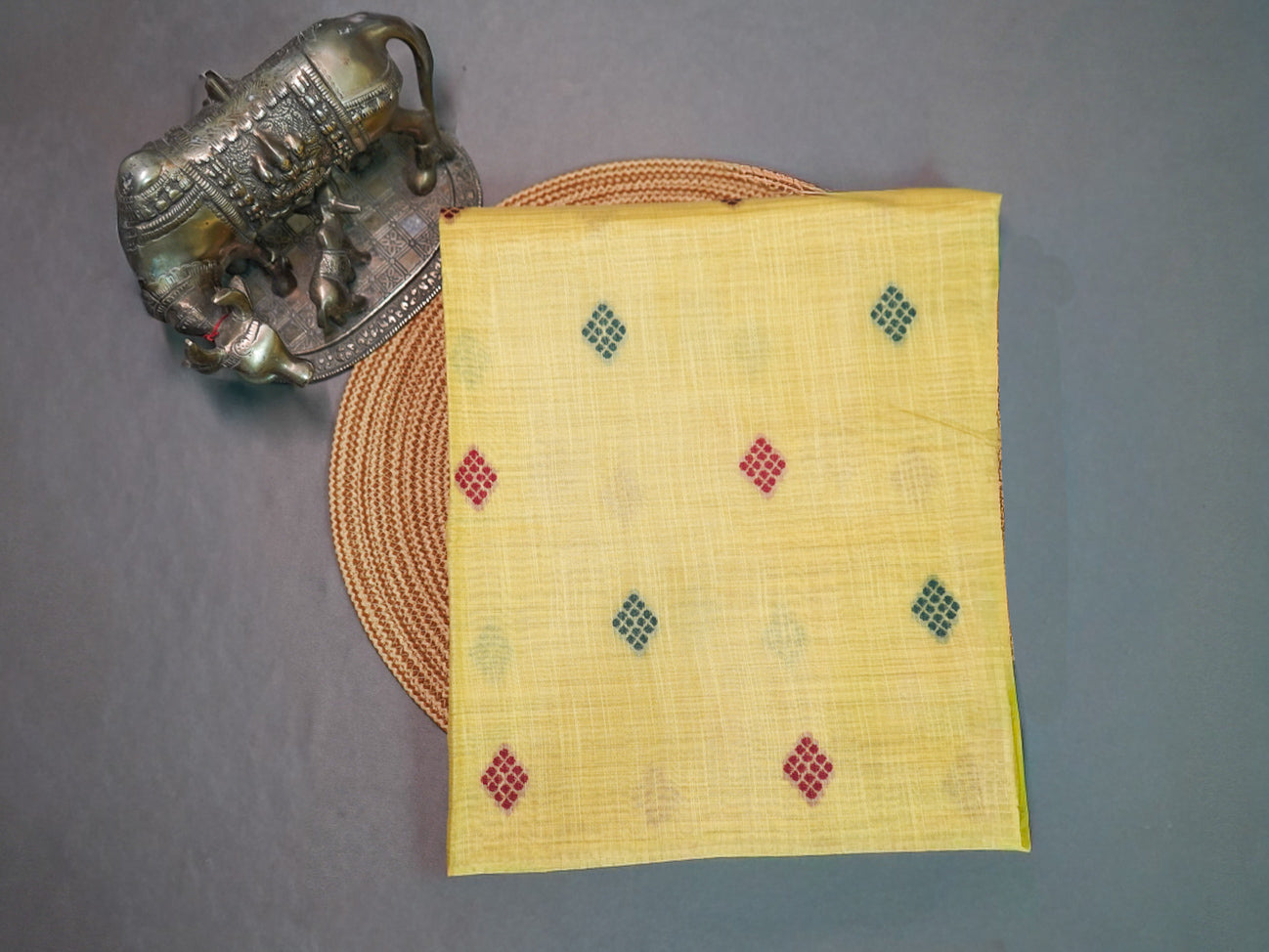 Mustard Kalamkari Temple Silk Saree