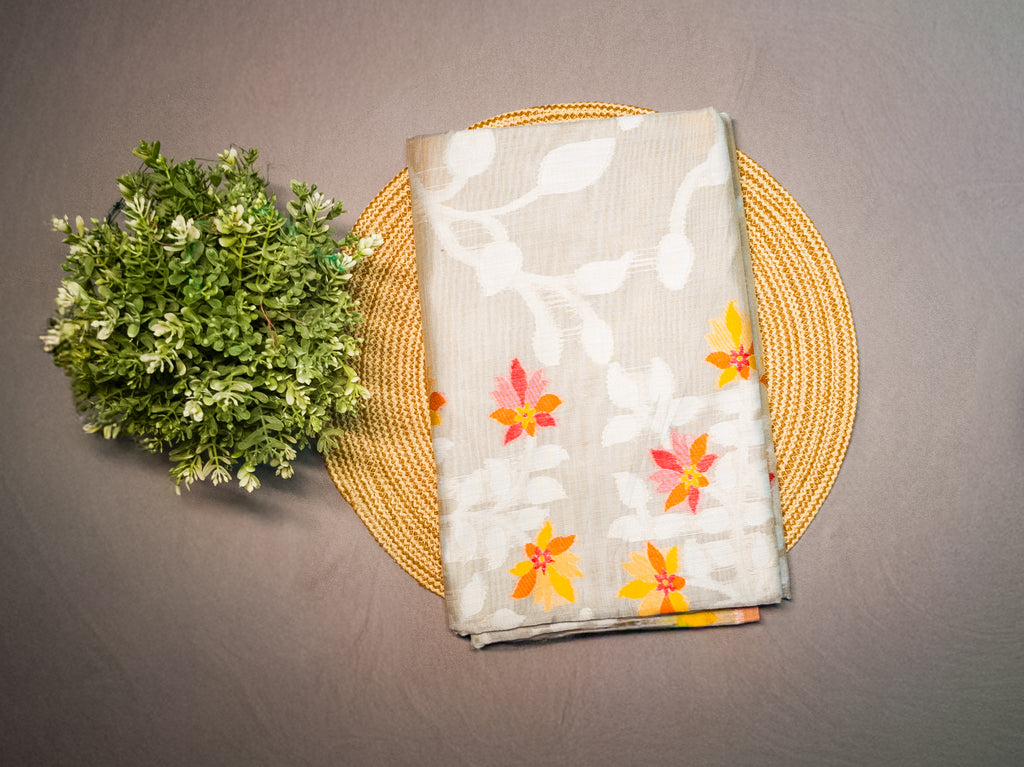 Grey Floral Handloom Silk Saree