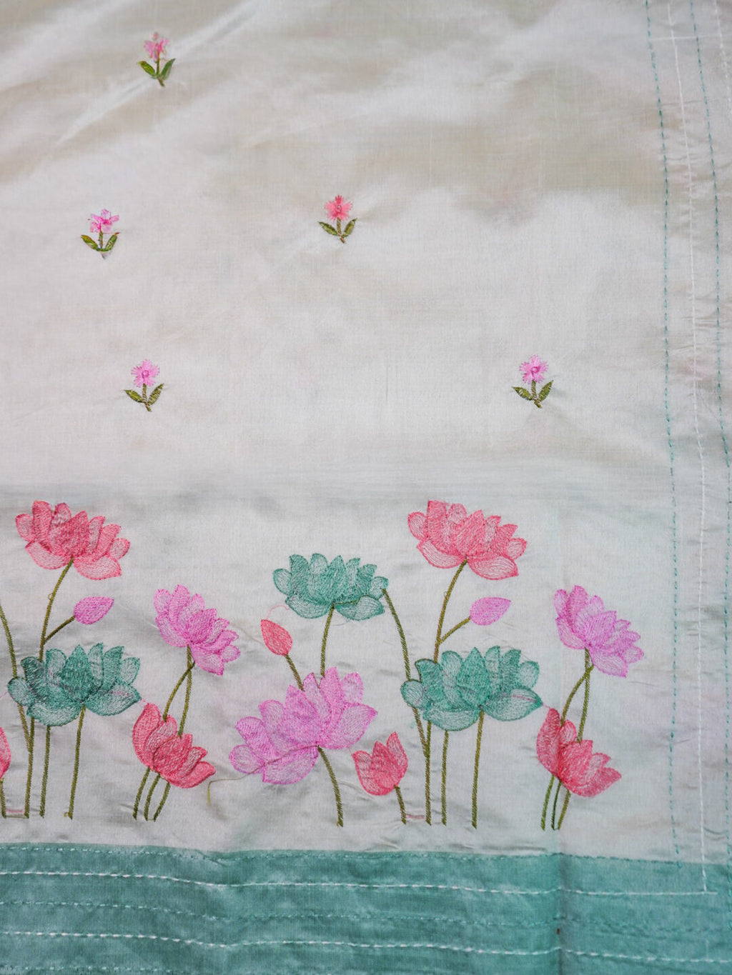 Ivory lotus print silk saree
