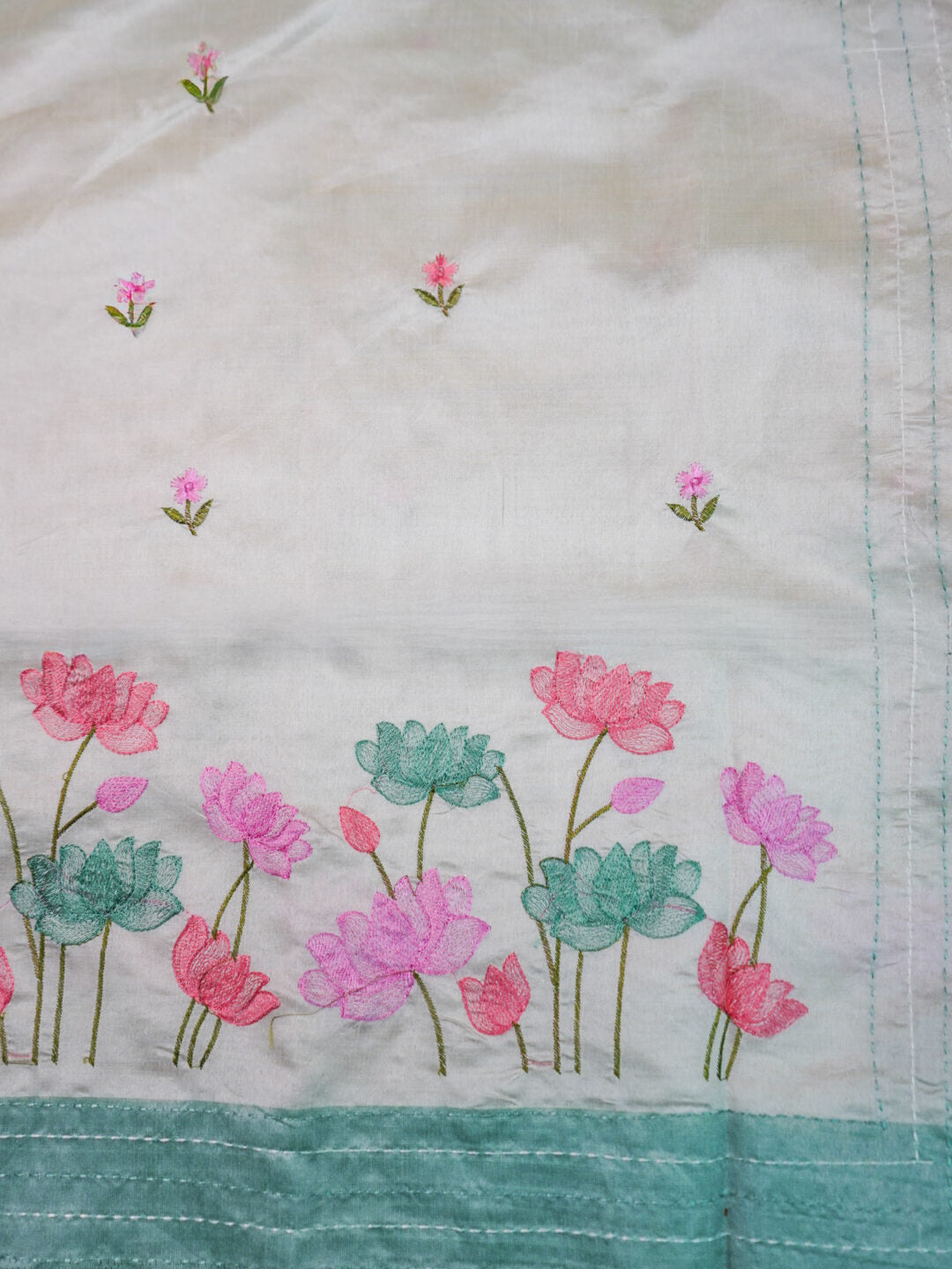 Ivory lotus print silk saree