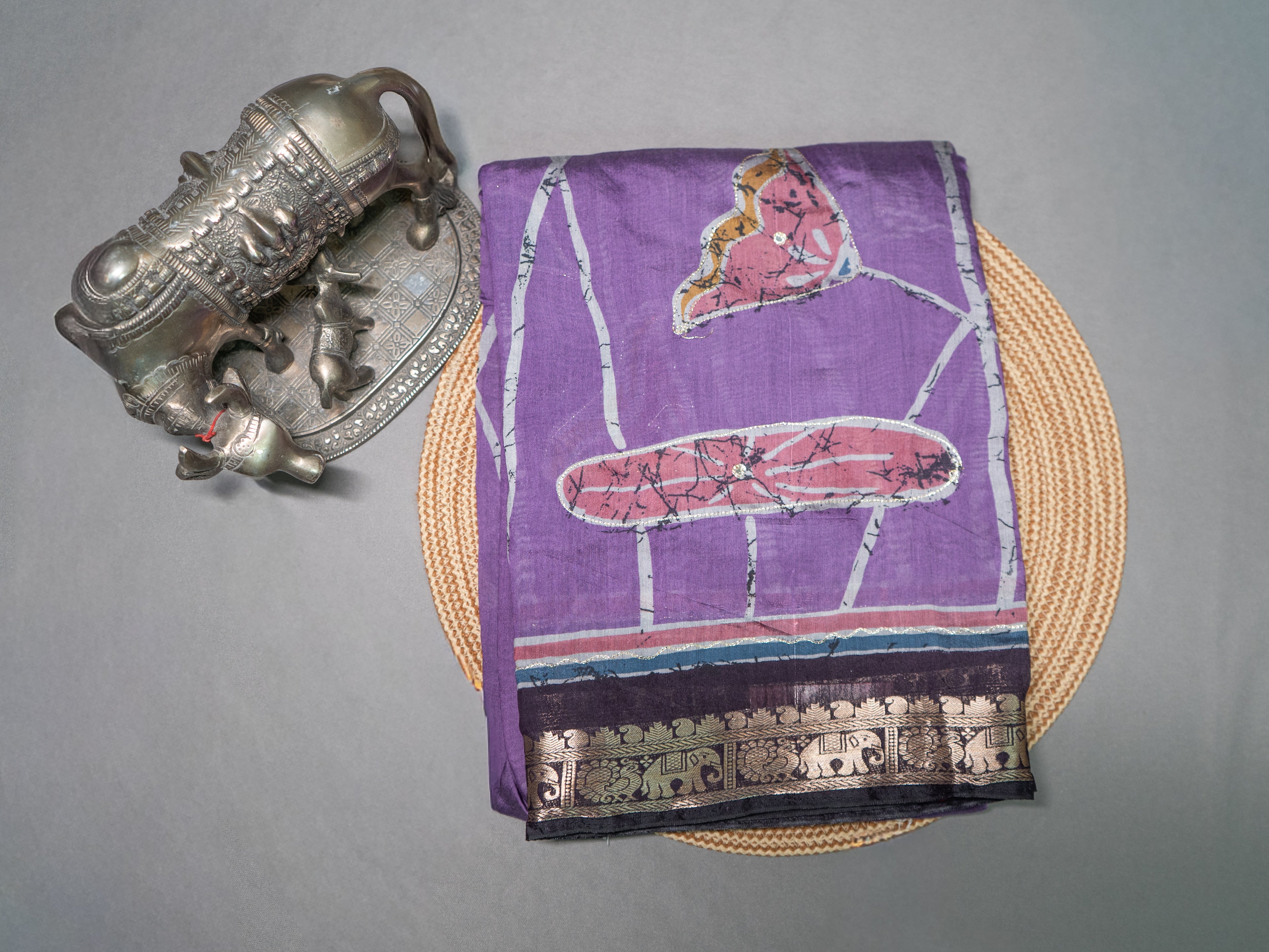 Lavender Kalamkari Mirror Silk Saree