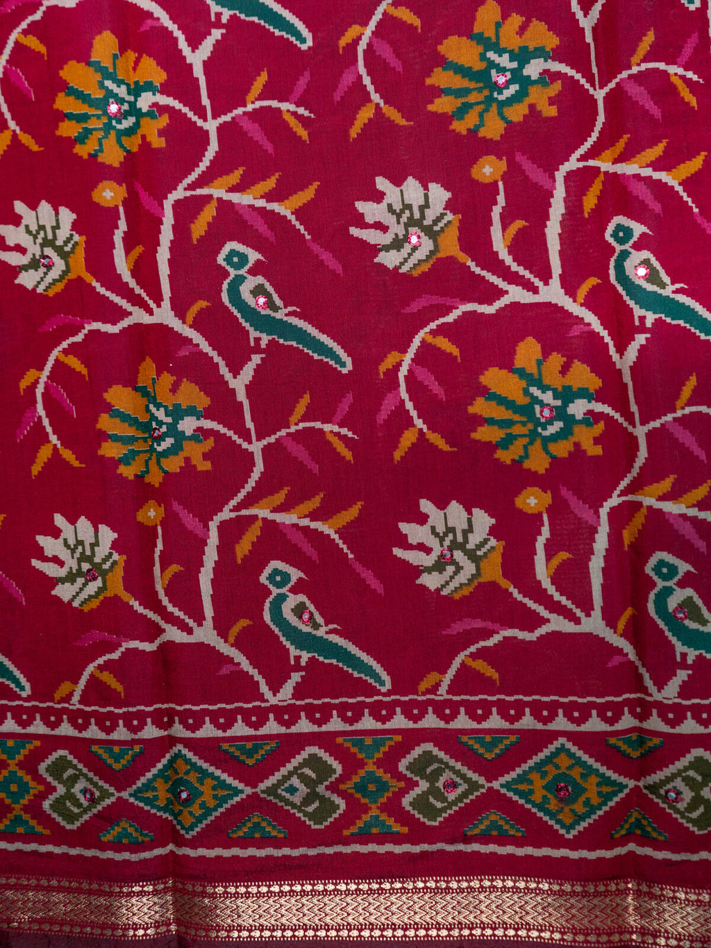 Red bird Kalamkari saree detail