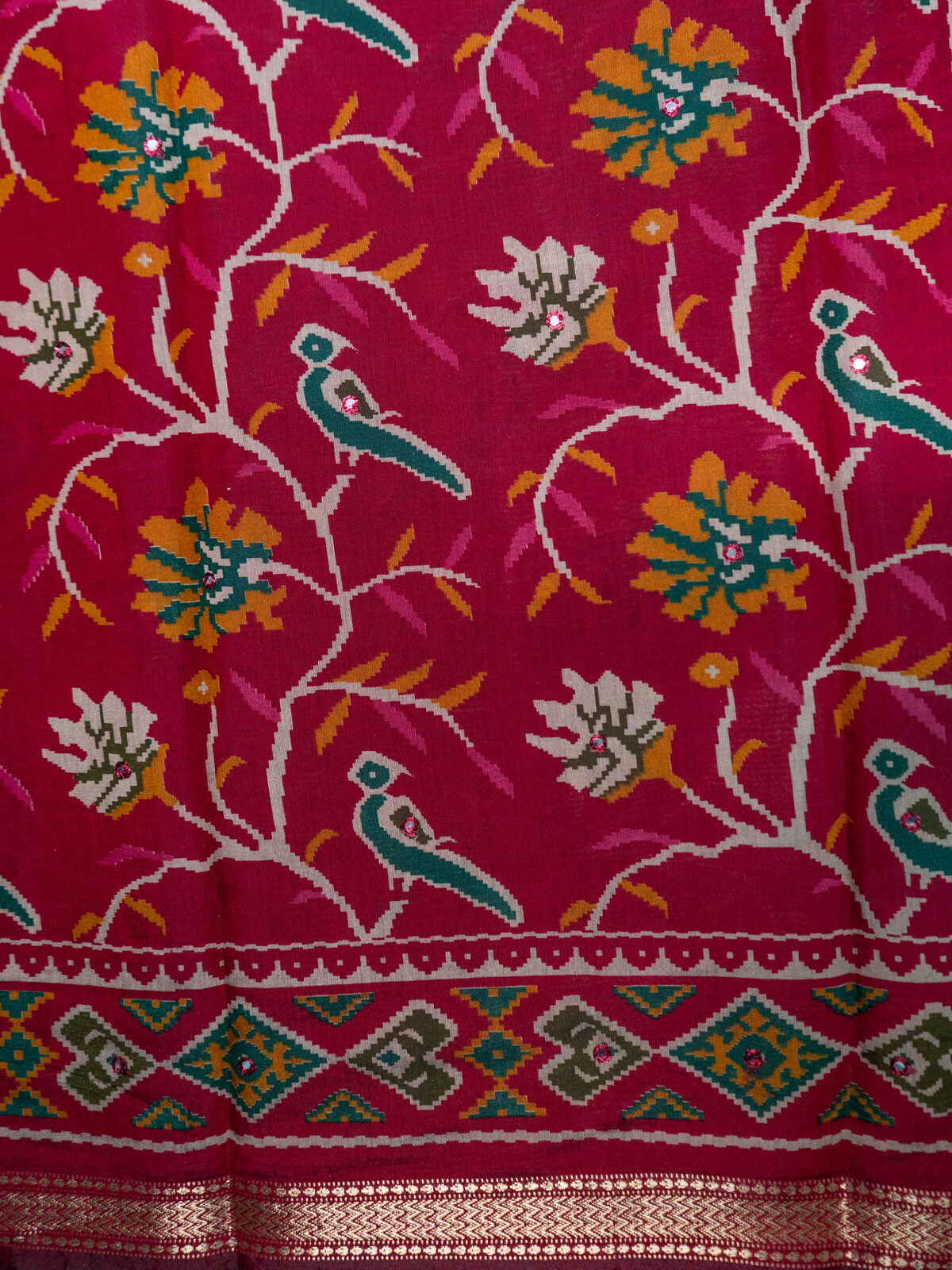 Red bird Kalamkari saree detail