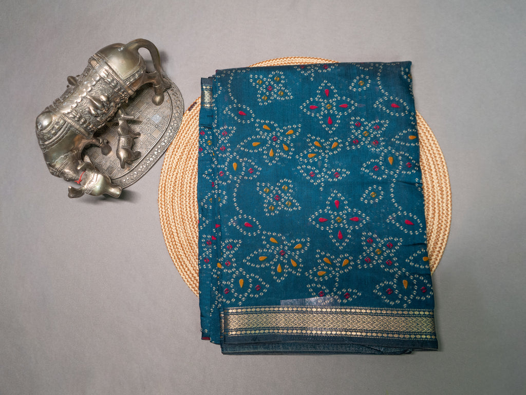 Deep Blue Bandhej Silk Saree