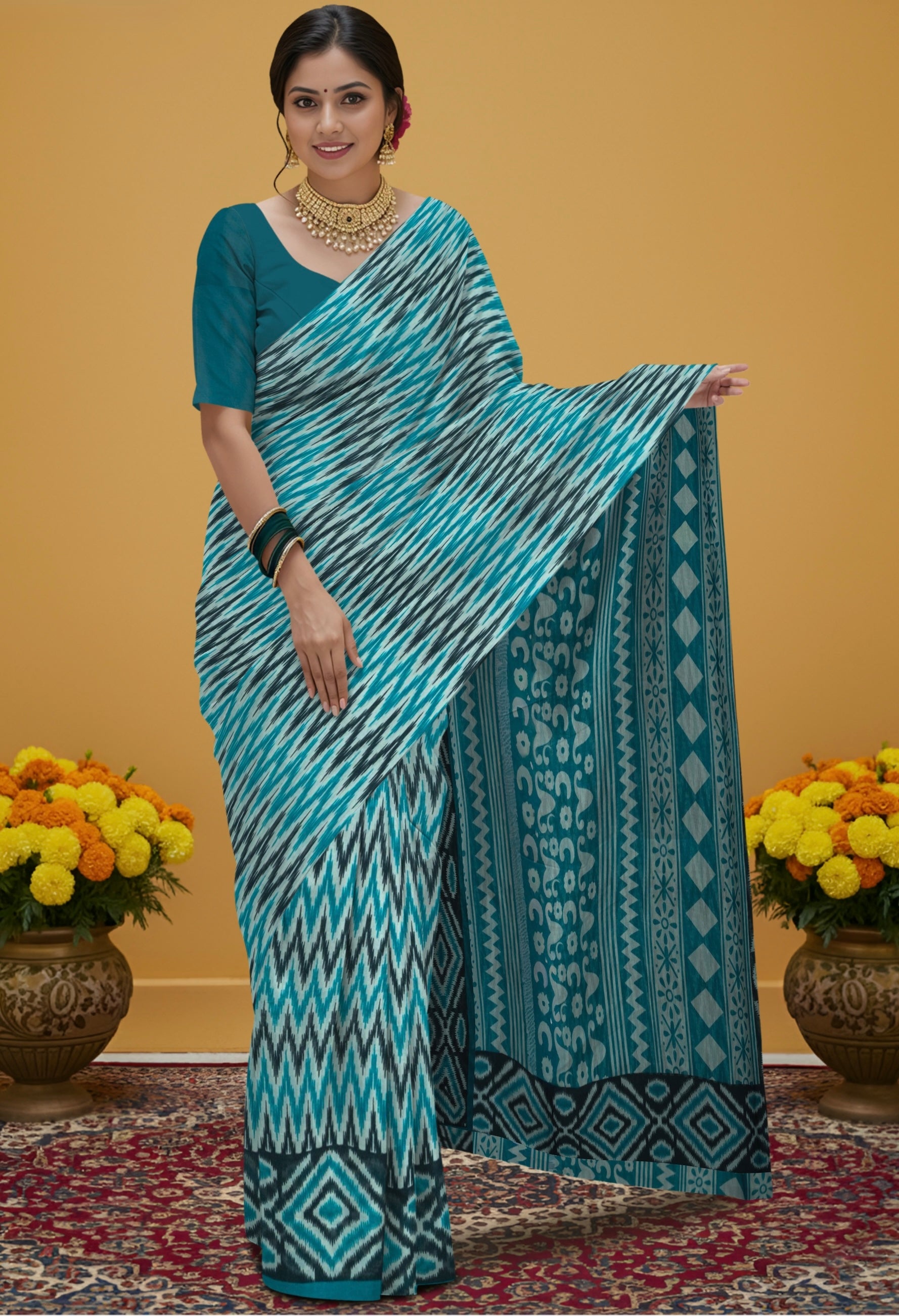 Pure Kalamkari Zig Zag Cotton Print Saree – Artistic Handcrafted Elegance